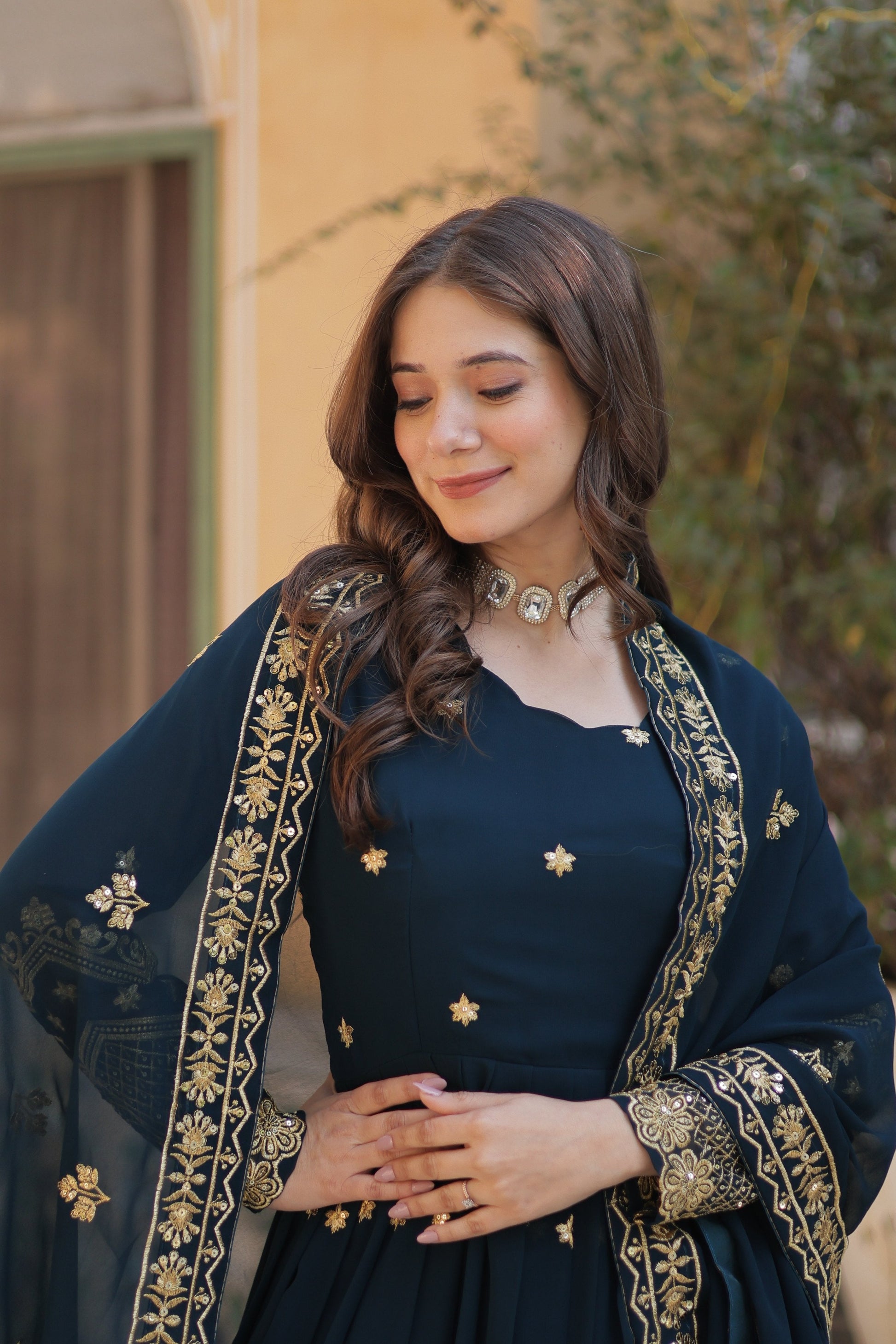 Jyoti Fashion Women's Rama Faux Georgette Zari with Sequins Embroidered Anarkali Set with Dupatta | Swadesiicart