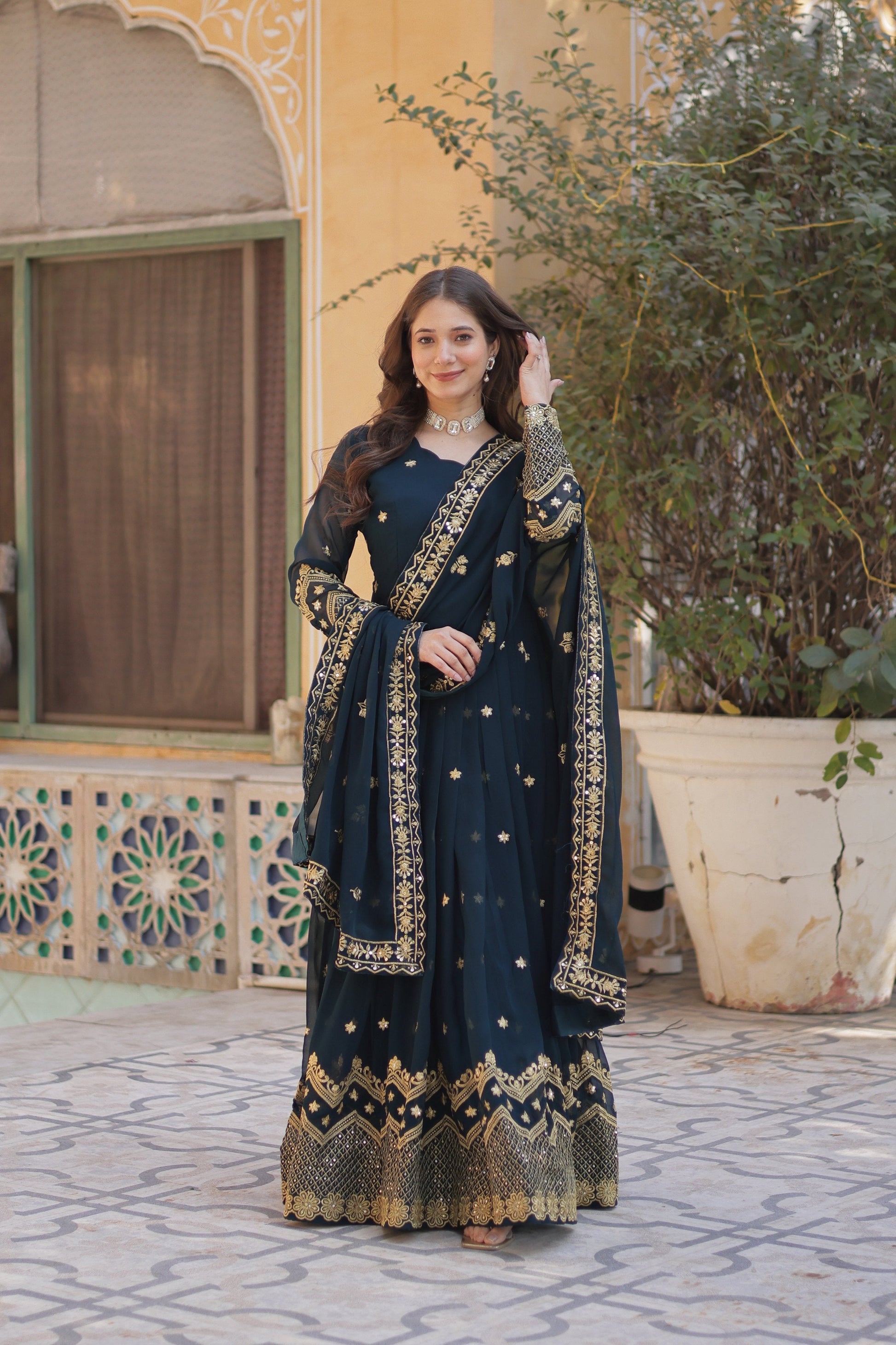 Jyoti Fashion Women's Rama Faux Georgette Zari with Sequins Embroidered Anarkali Set with Dupatta | Swadesiicart