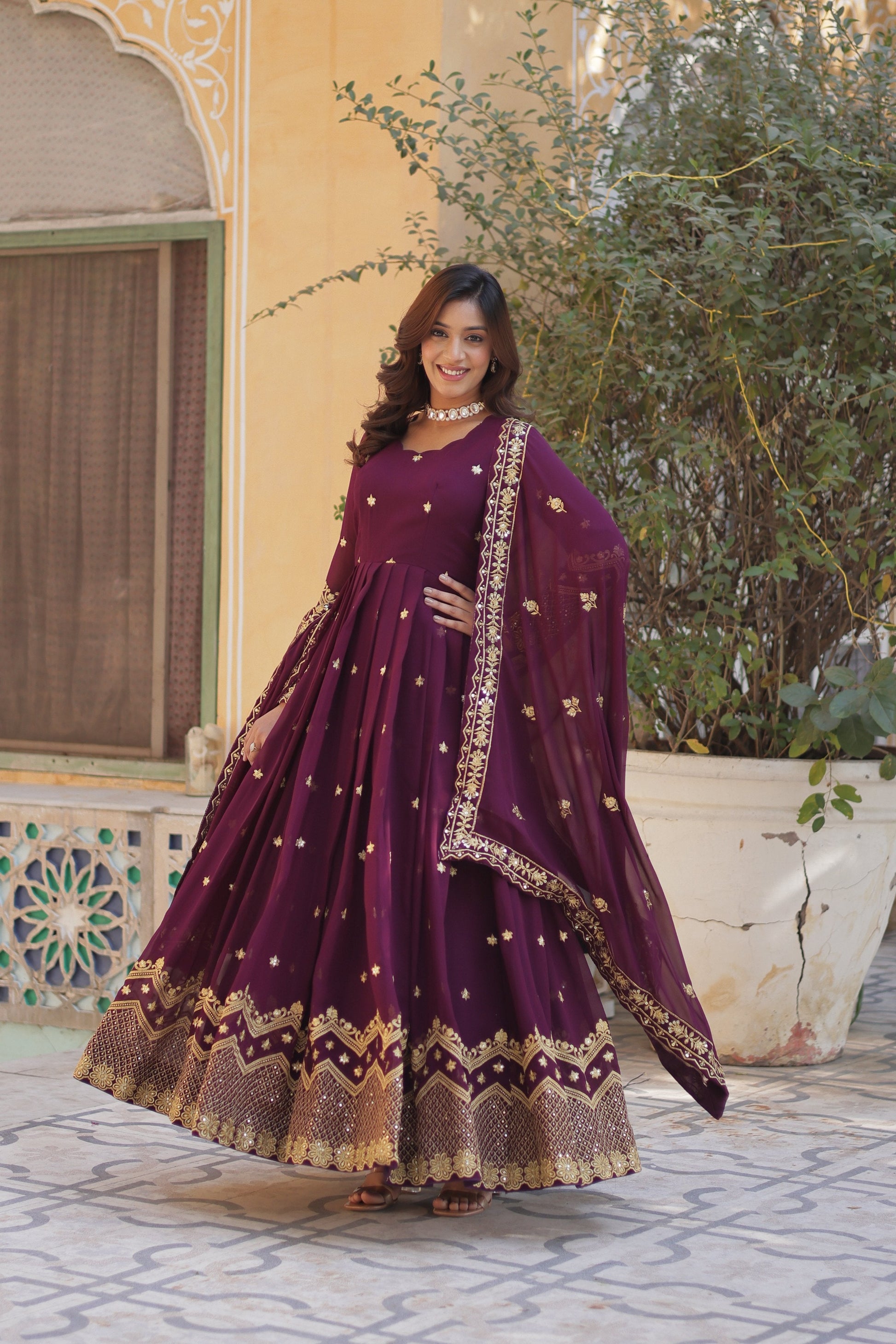 Jyoti Fashion Women's Wine Faux Georgette Zari with Sequins Embroidered Anarkali Set with Dupatta | Swadesiicart