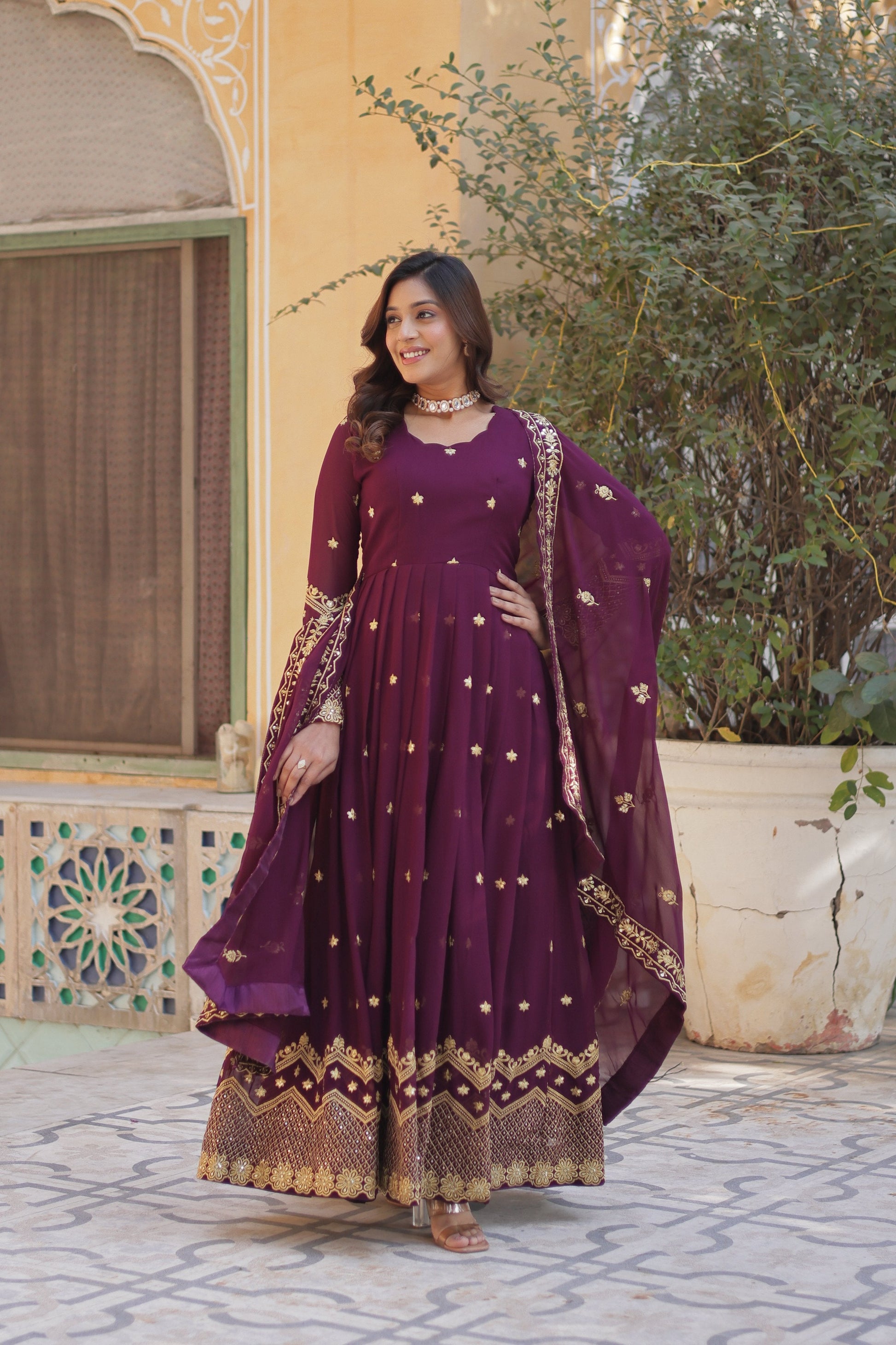 Jyoti Fashion Women's Wine Faux Georgette Zari with Sequins Embroidered Anarkali Set with Dupatta | Swadesiicart