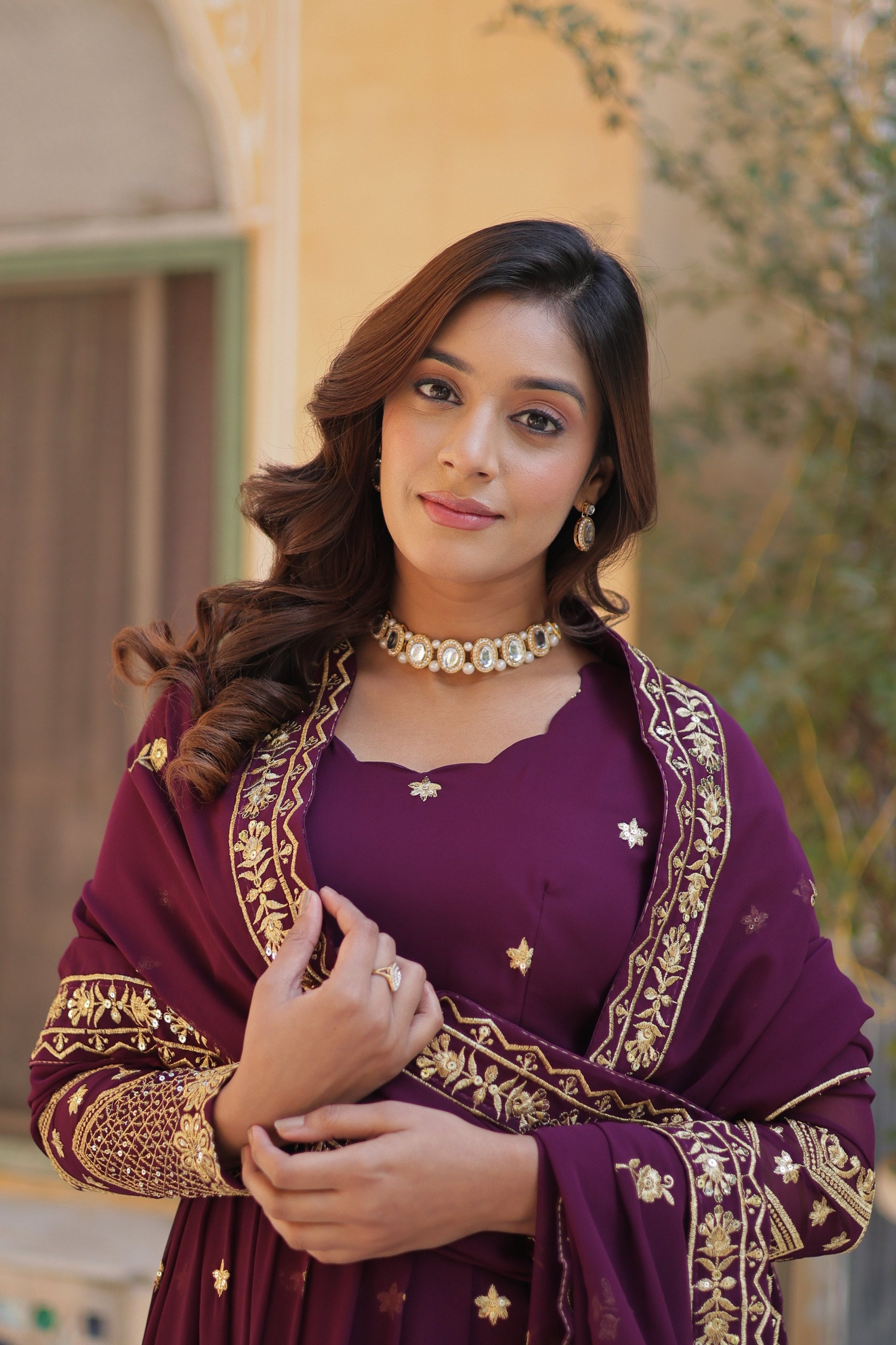 Jyoti Fashion Women's Wine Faux Georgette Zari with Sequins Embroidered Anarkali Set with Dupatta | Swadesiicart