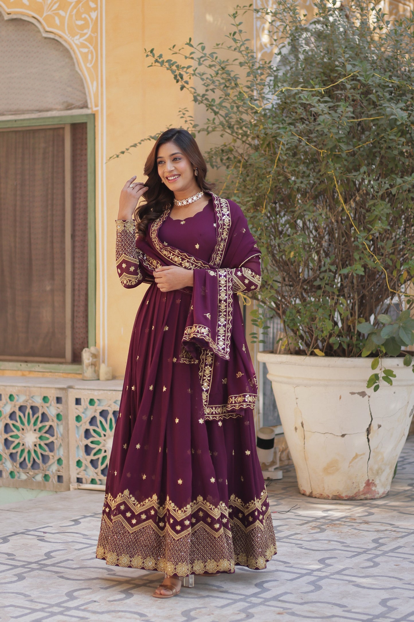 Jyoti Fashion Women's Wine Faux Georgette Zari with Sequins Embroidered Anarkali Set with Dupatta | Swadesiicart
