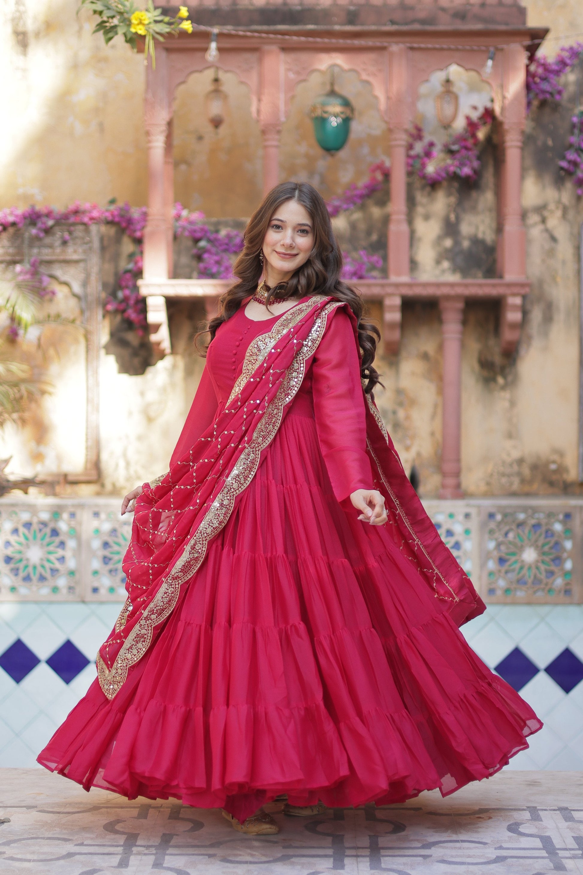 Jyoti Fashion Women's Pink Star Georgette Rich Sequins Embroidered Anarkali Set with Dupatta | Swadesiicart