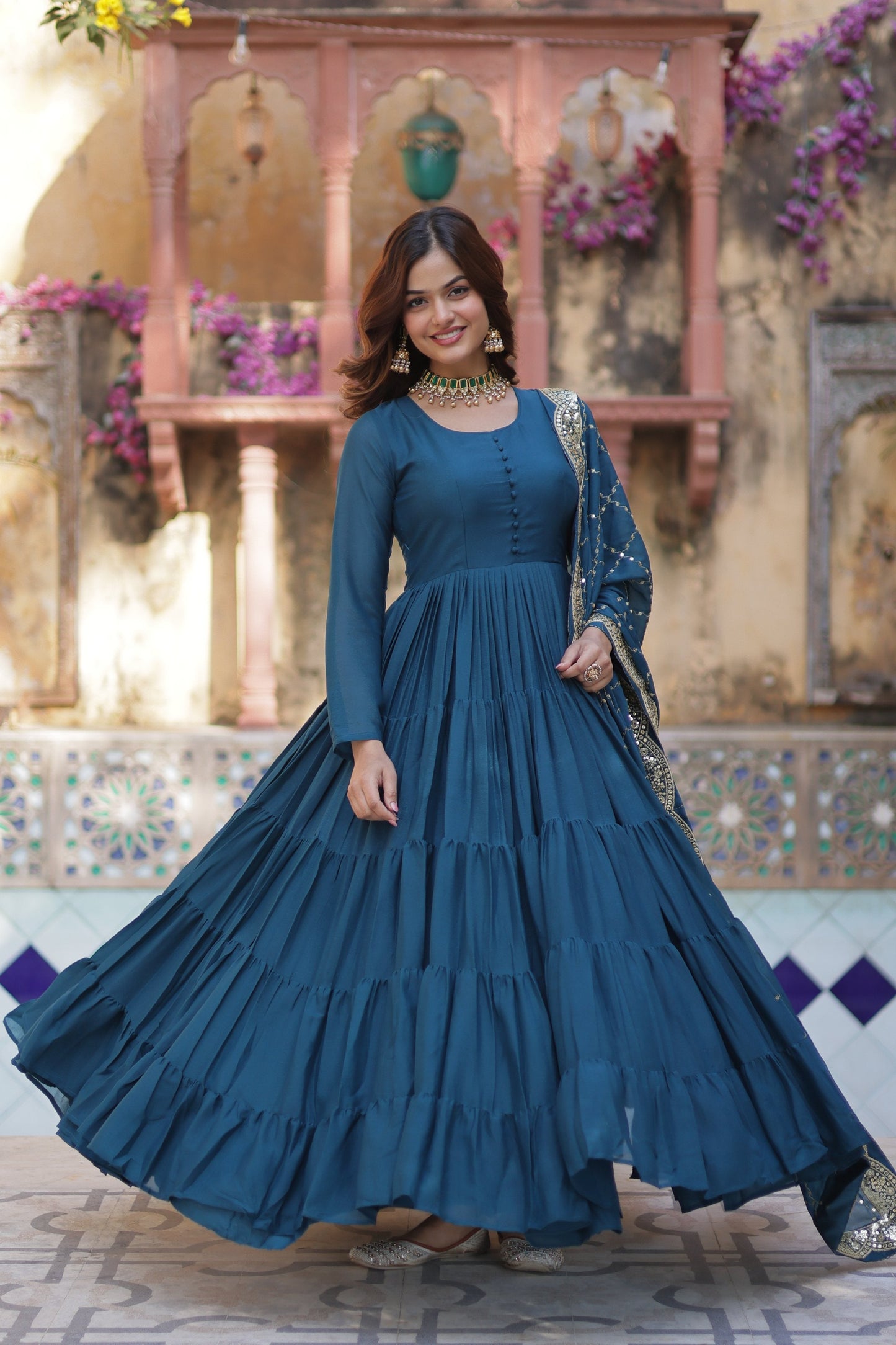 Jyoti Fashion Women's Rama Star Georgette Rich Sequins Embroidered Anarkali Set with Dupatta | Swadesiicart