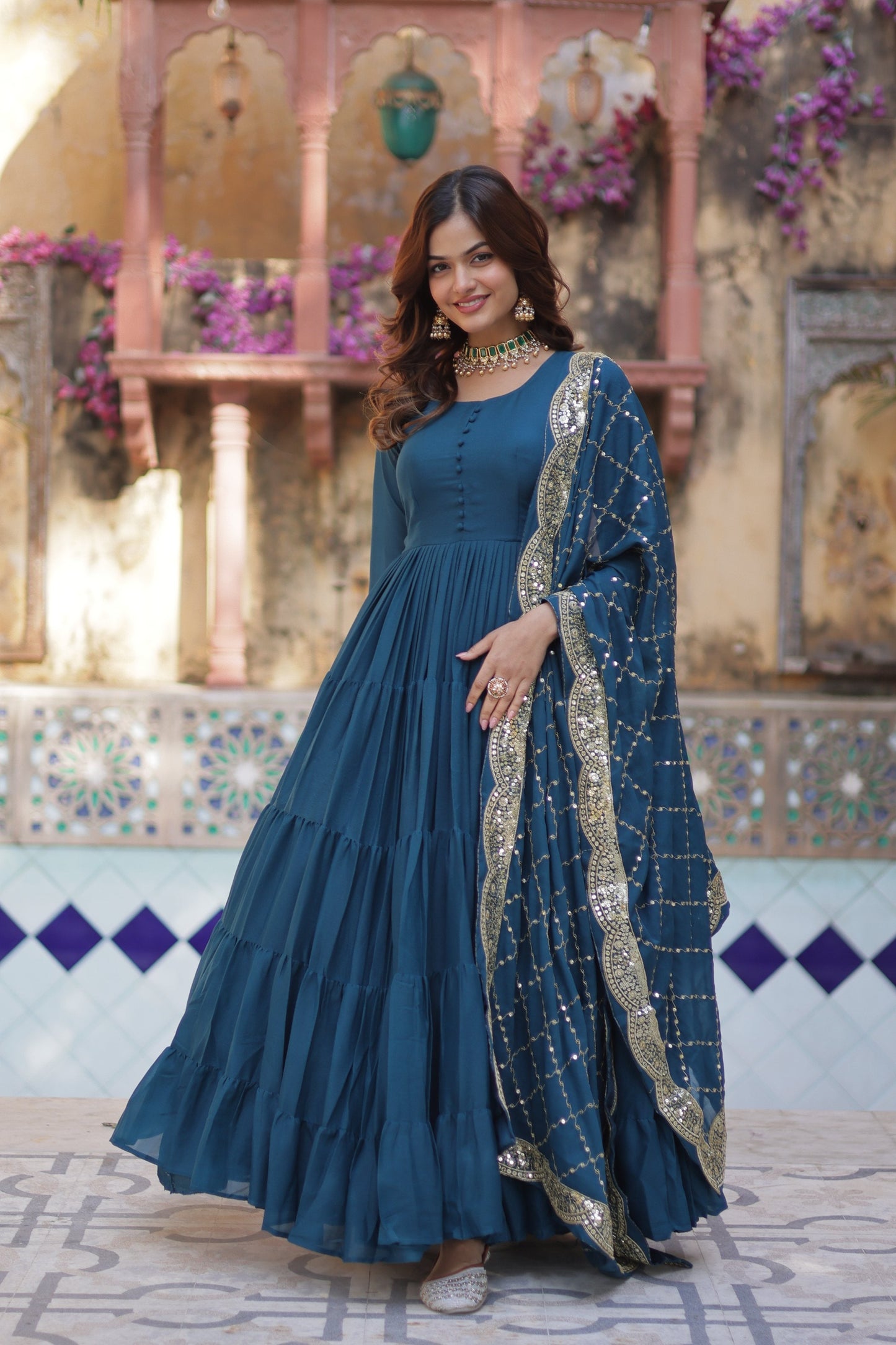 Jyoti Fashion Women's Rama Star Georgette Rich Sequins Embroidered Anarkali Set with Dupatta | Swadesiicart