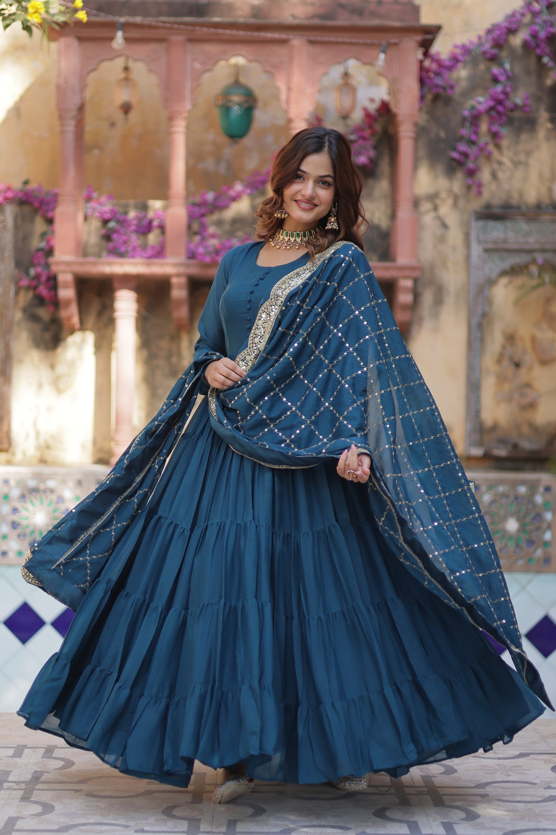 Jyoti Fashion Women's Rama Star Georgette Rich Sequins Embroidered Anarkali Set with Dupatta | Swadesiicart