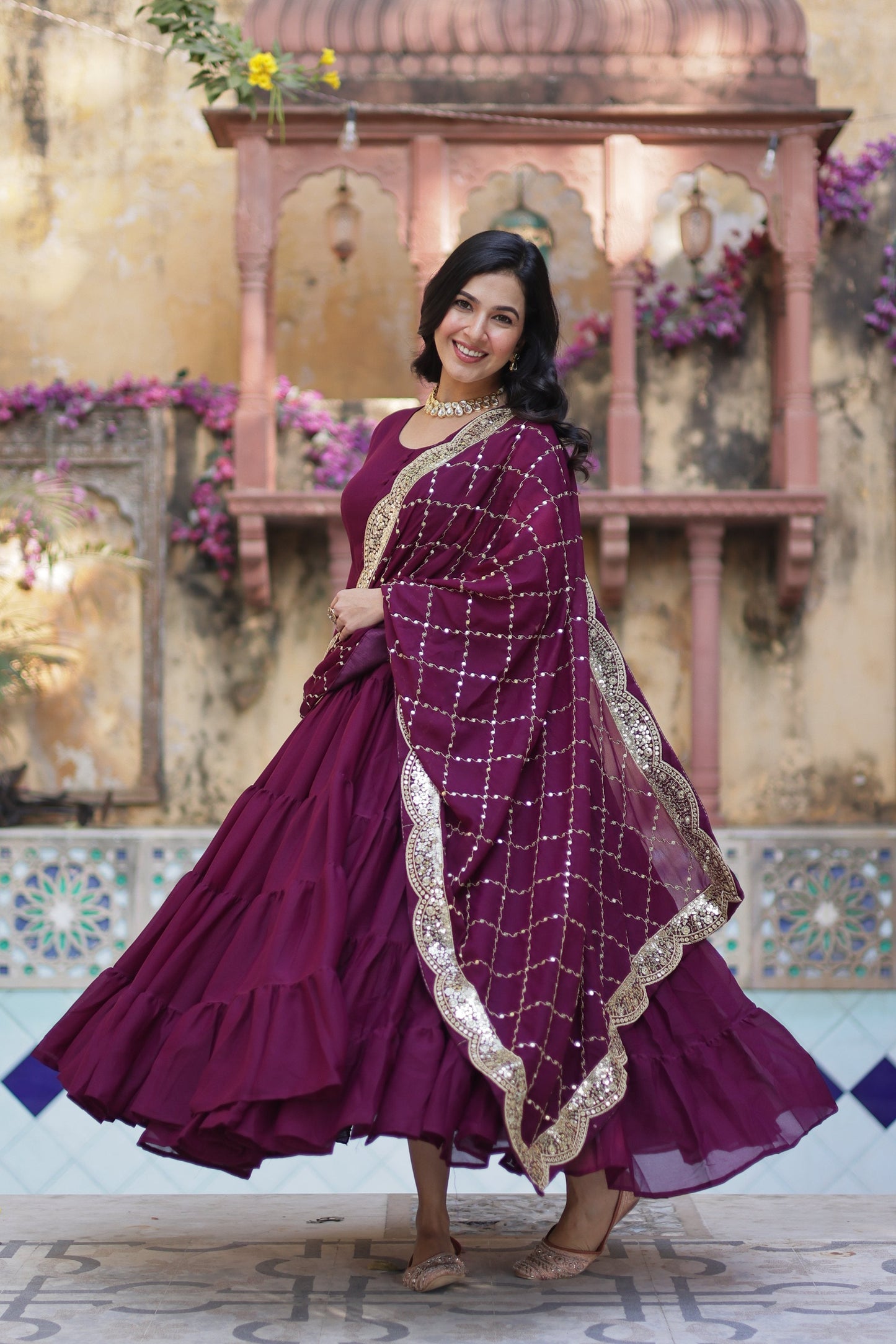 Jyoti Fashion Women's Wine Star Georgette Rich Sequins Embroidered Anarkali Set with Dupatta | Swadesiicart