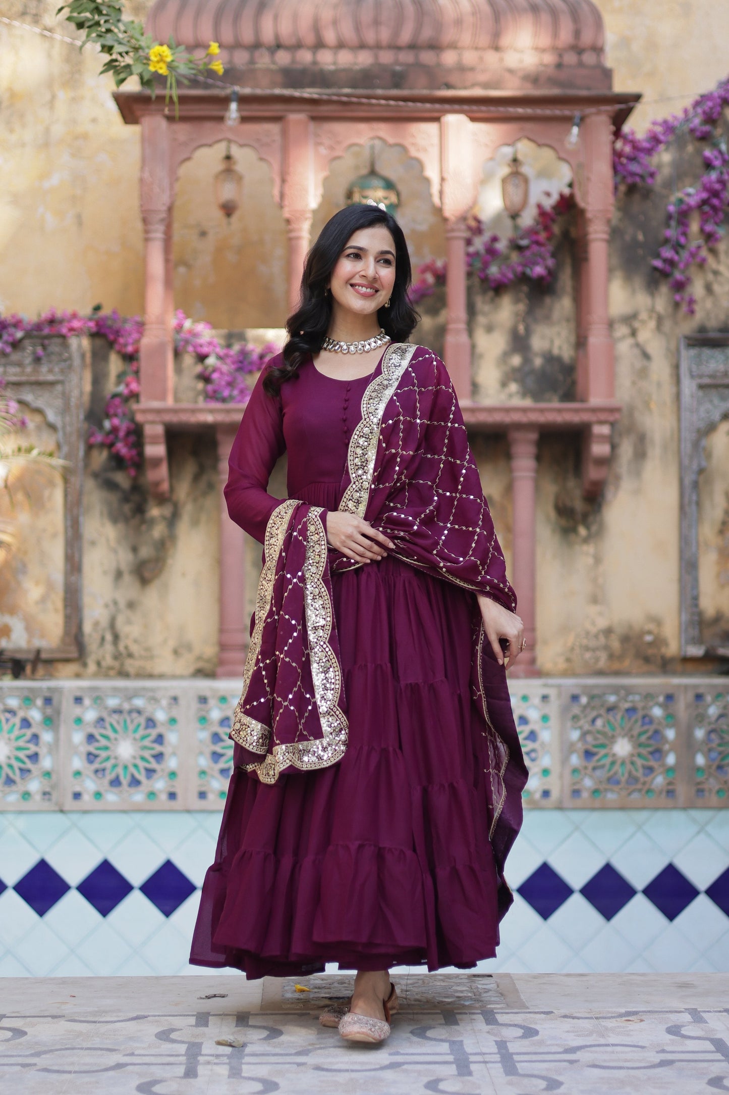 Jyoti Fashion Women's Wine Star Georgette Rich Sequins Embroidered Anarkali Set with Dupatta | Swadesiicart