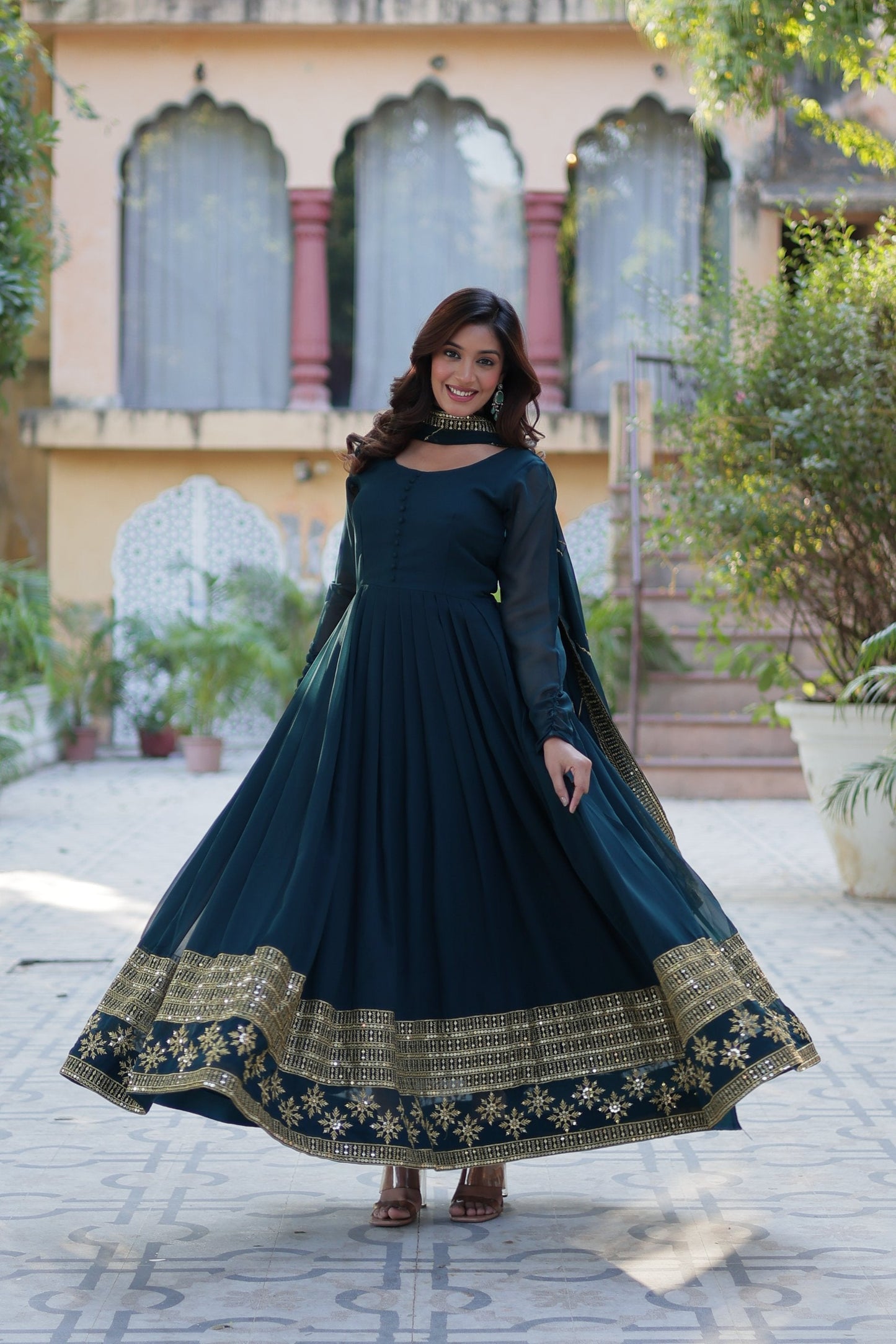 Jyoti Fashion Women's Rama Faux Blooming Multi Sequins Embroidered Anarkali Set with Dupatta | Swadesiicart