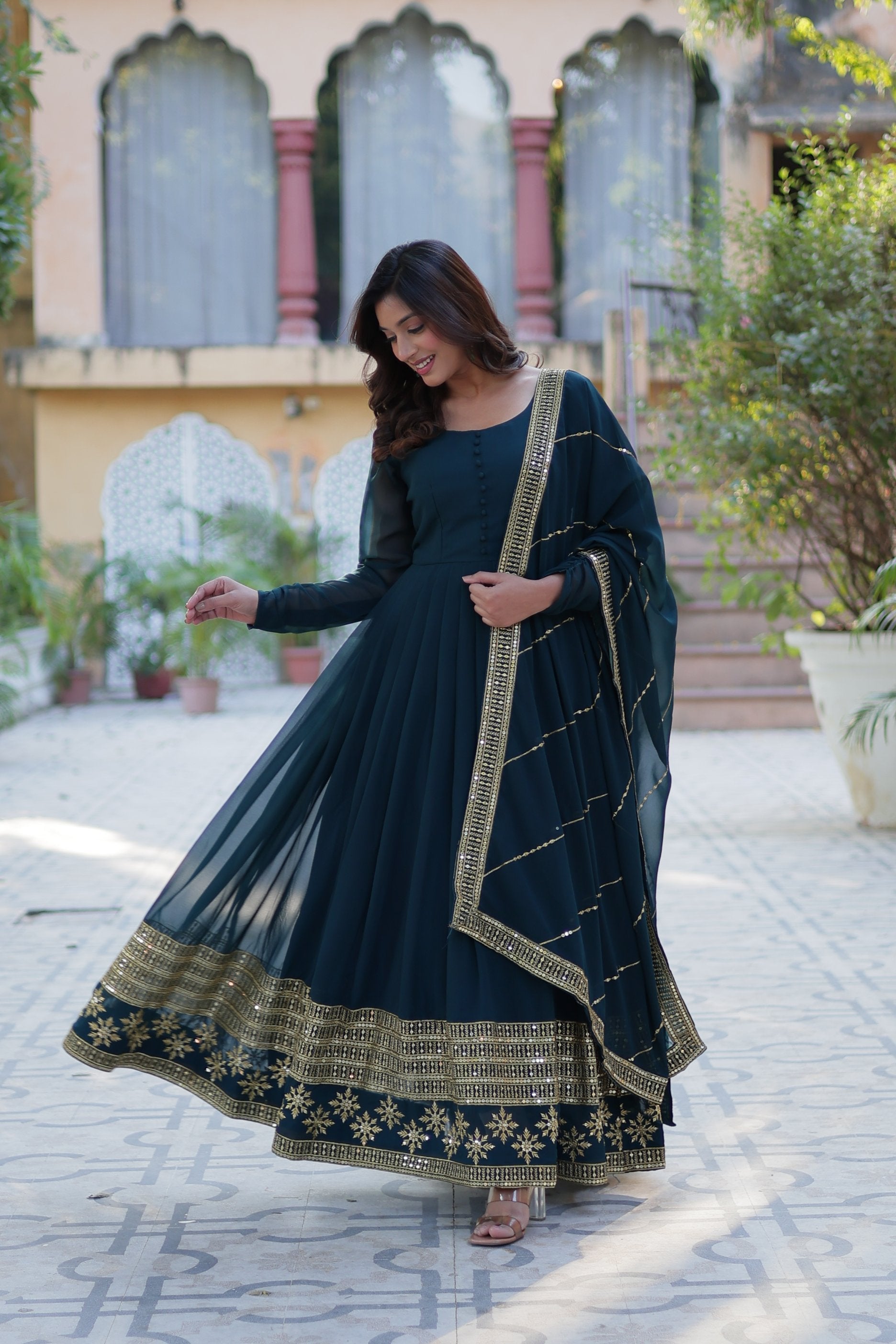 Jyoti Fashion Women's Rama Faux Blooming Multi Sequins Embroidered Anarkali Set with Dupatta | Swadesiicart