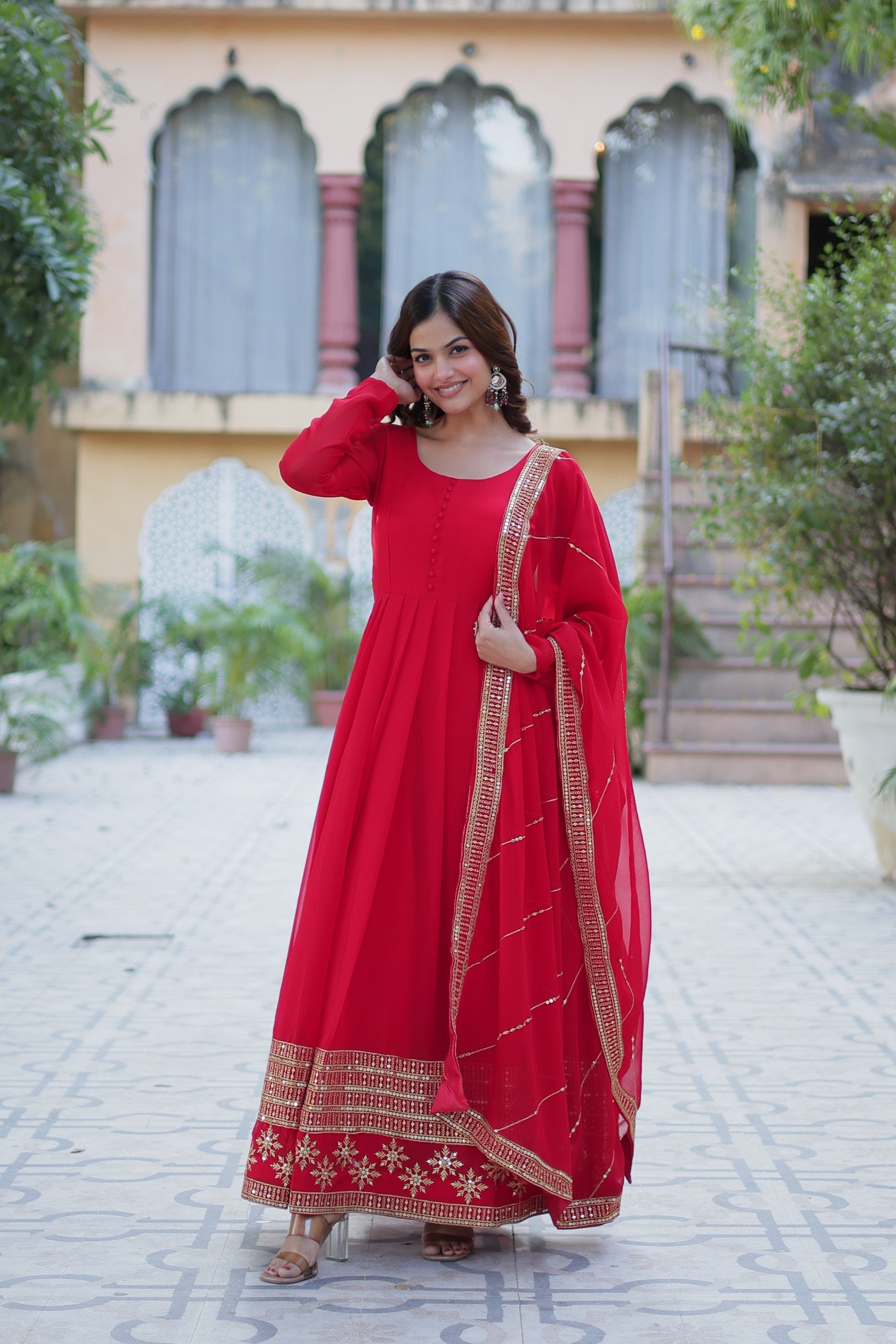 Jyoti Fashion Women's Red Faux Blooming Multi Sequins Embroidered Anarkali Set with Dupatta | Swadesiicart