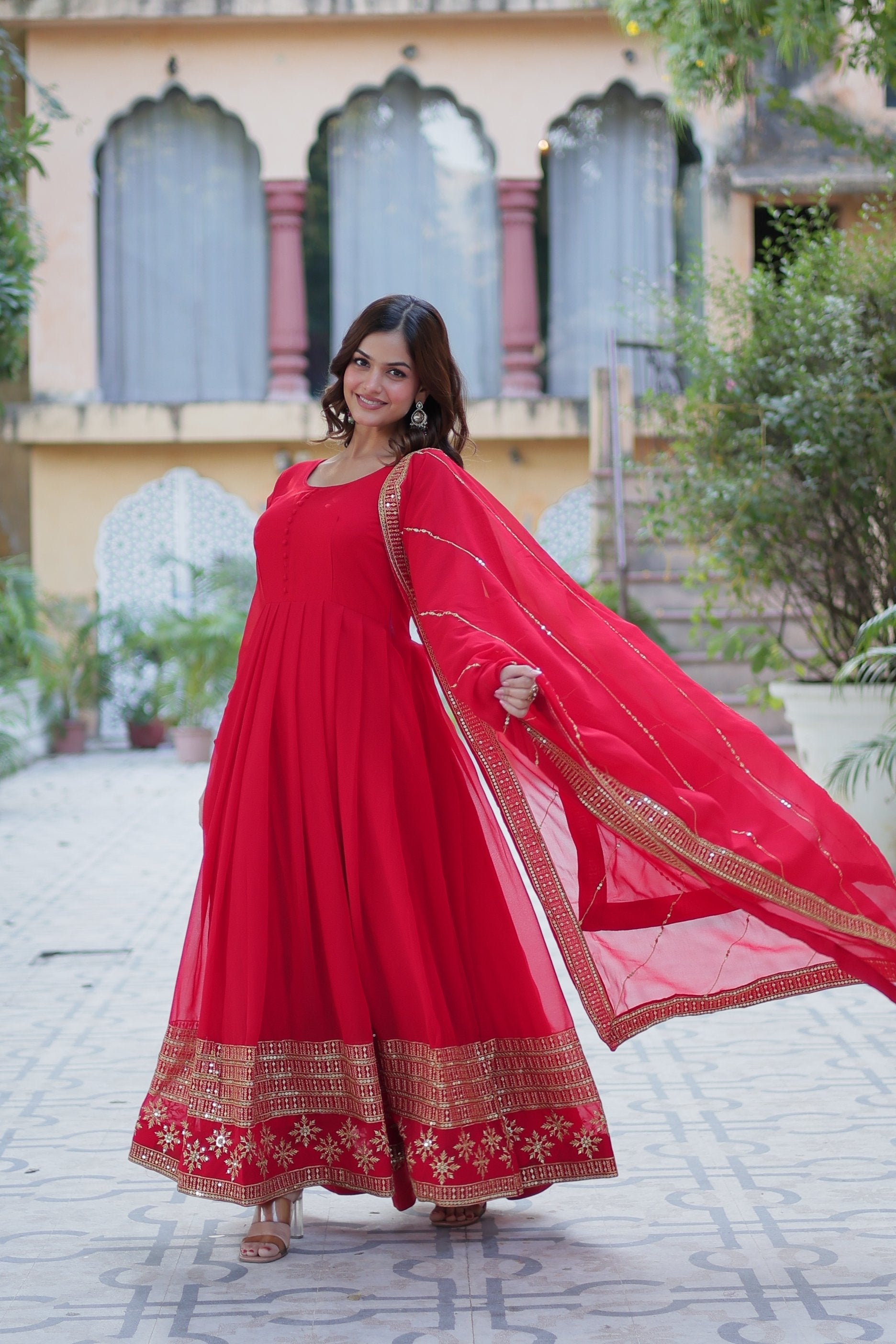 Jyoti Fashion Women's Red Faux Blooming Multi Sequins Embroidered Anarkali Set with Dupatta | Swadesiicart