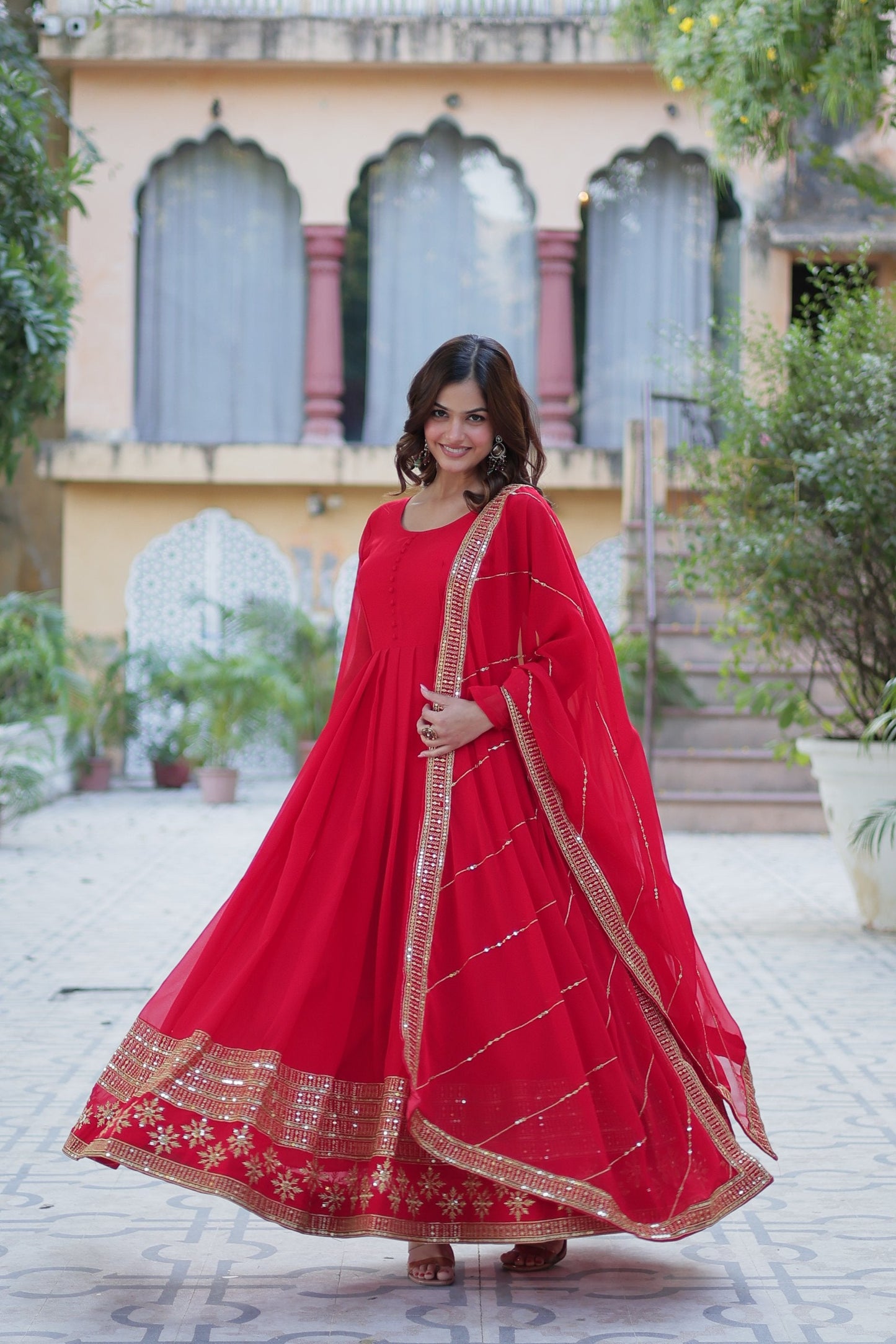 Jyoti Fashion Women's Red Faux Blooming Multi Sequins Embroidered Anarkali Set with Dupatta | Swadesiicart