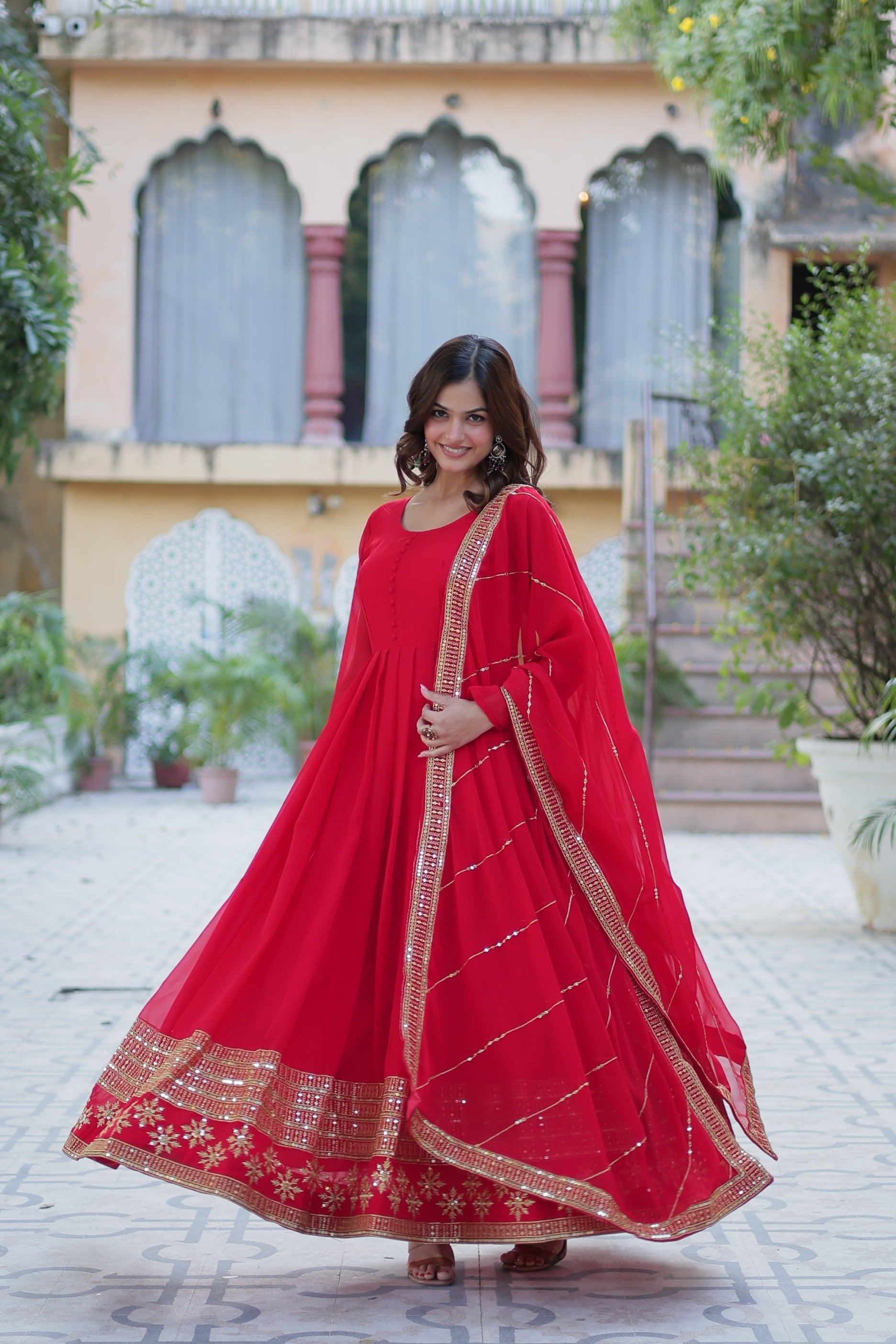 Jyoti Fashion Women's Red Faux Blooming Multi Sequins Embroidered Anarkali Set with Dupatta | Swadesiicart
