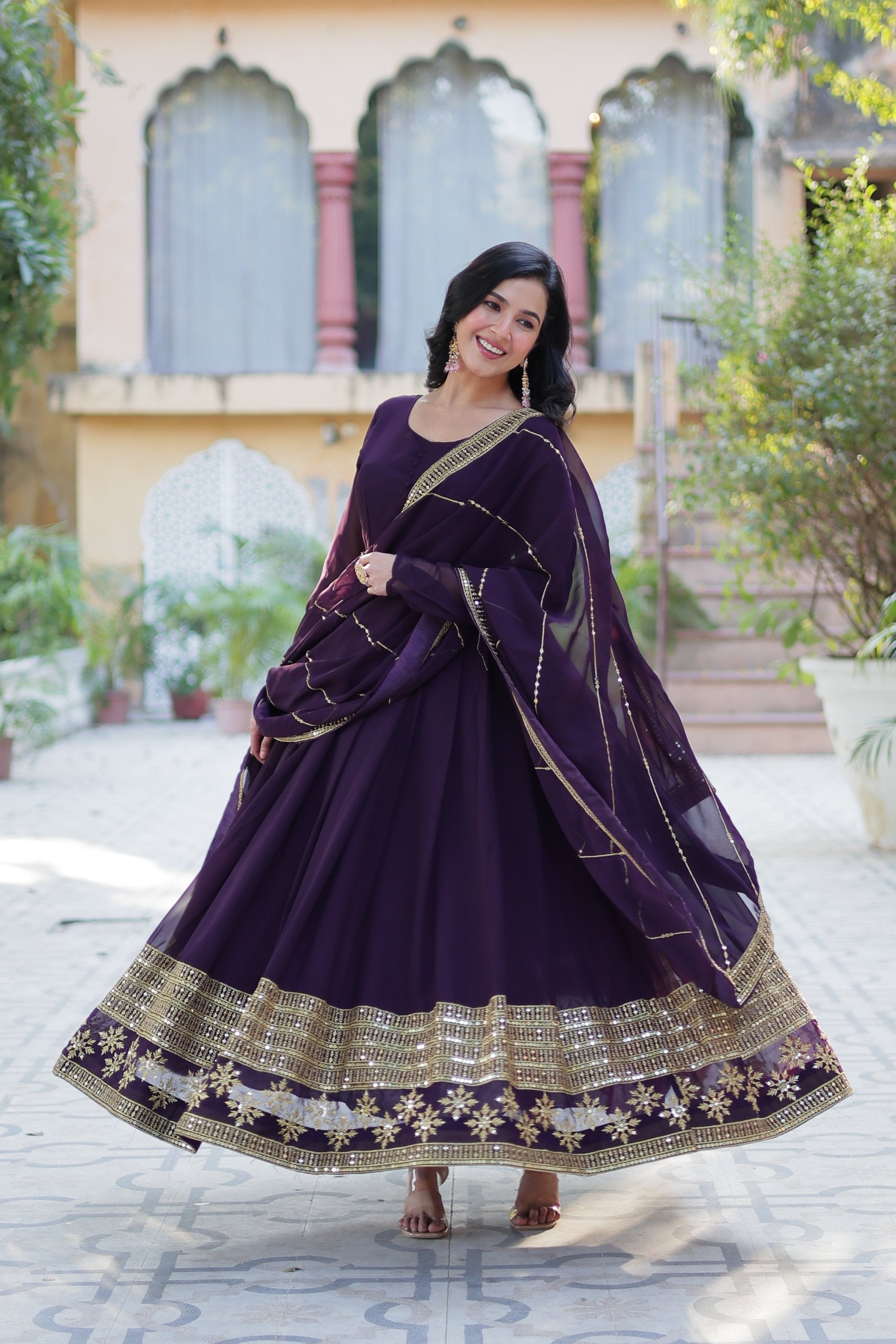 Jyoti Fashion Women's Wine Faux Blooming Multi Sequins Embroidered Anarkali Set with Dupatta | Swadesiicart