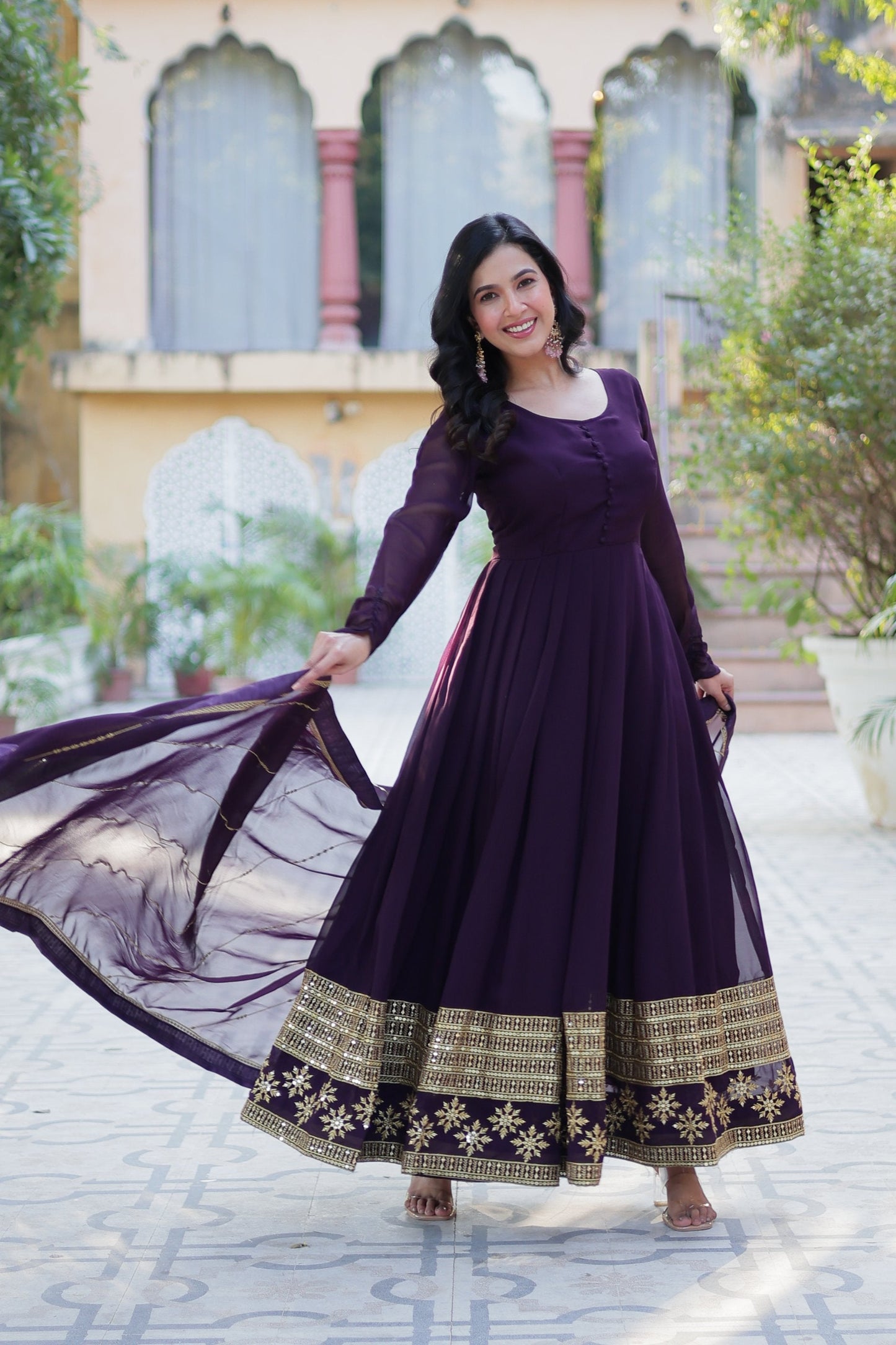 Jyoti Fashion Women's Wine Faux Blooming Multi Sequins Embroidered Anarkali Set with Dupatta | Swadesiicart