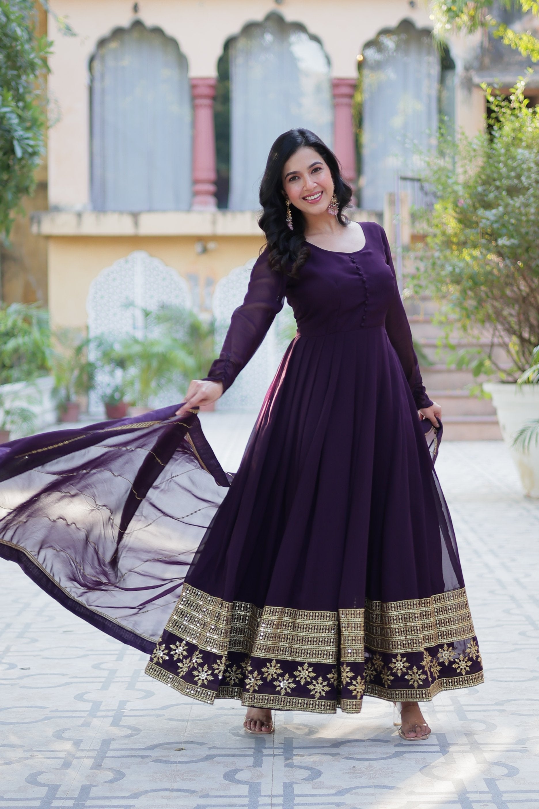 Jyoti Fashion Women's Wine Faux Blooming Multi Sequins Embroidered Anarkali Set with Dupatta | Swadesiicart