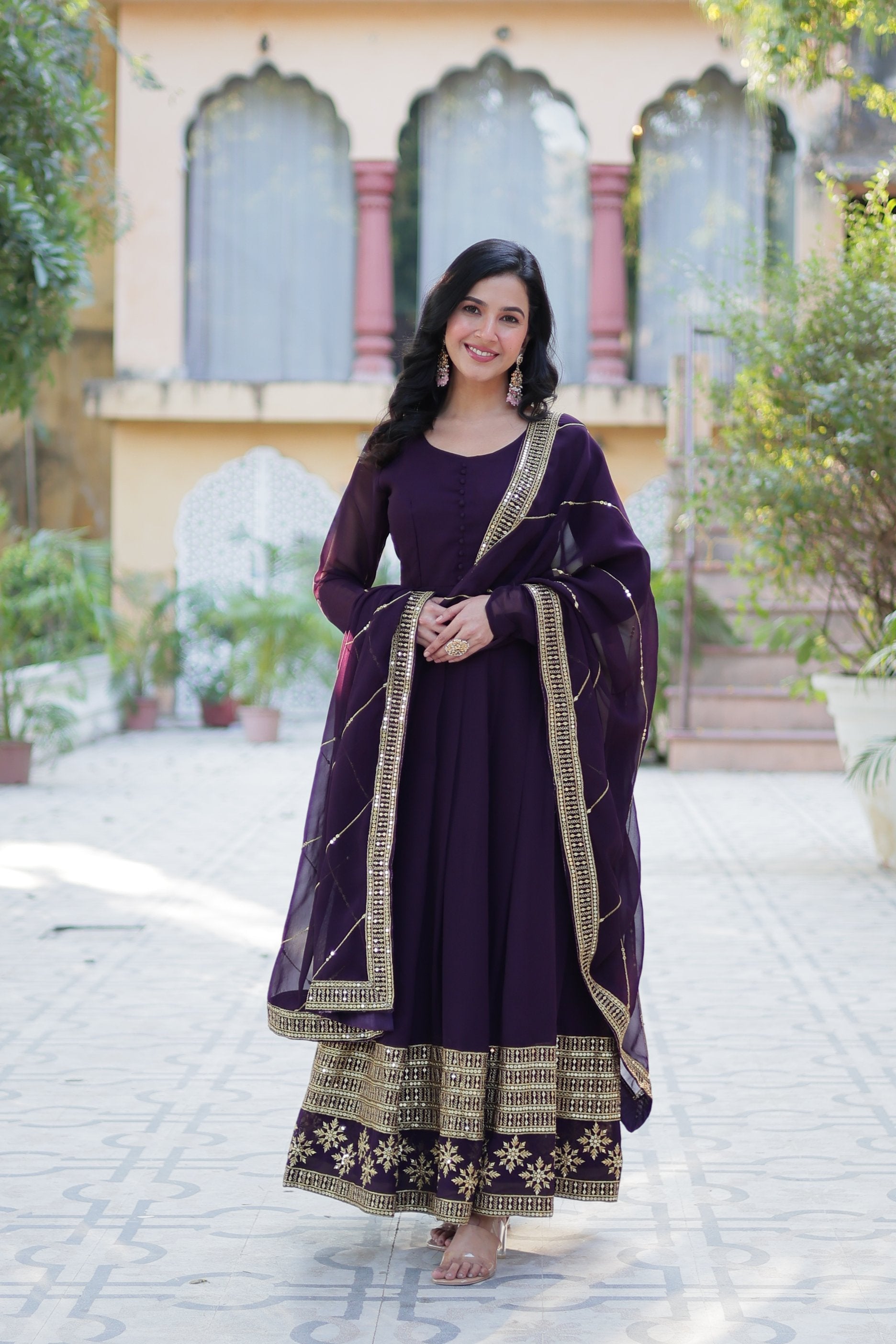 Jyoti Fashion Women's Wine Faux Blooming Multi Sequins Embroidered Anarkali Set with Dupatta | Swadesiicart