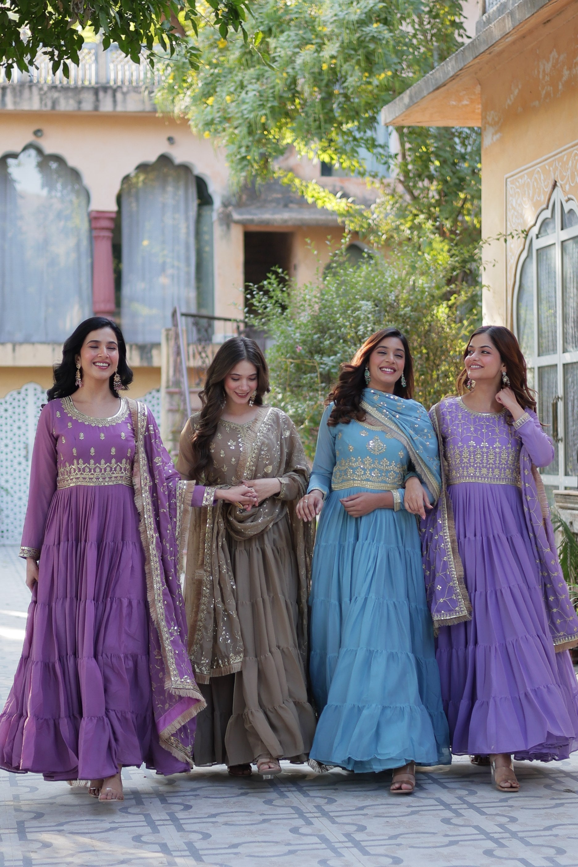 Jyoti Fashion Women's Jamuni, Beige, Sky Blue & Purple Star Georgette Rich Sequins Embroidered Combo Anarkali Set with Dupatta | Swadesiicart