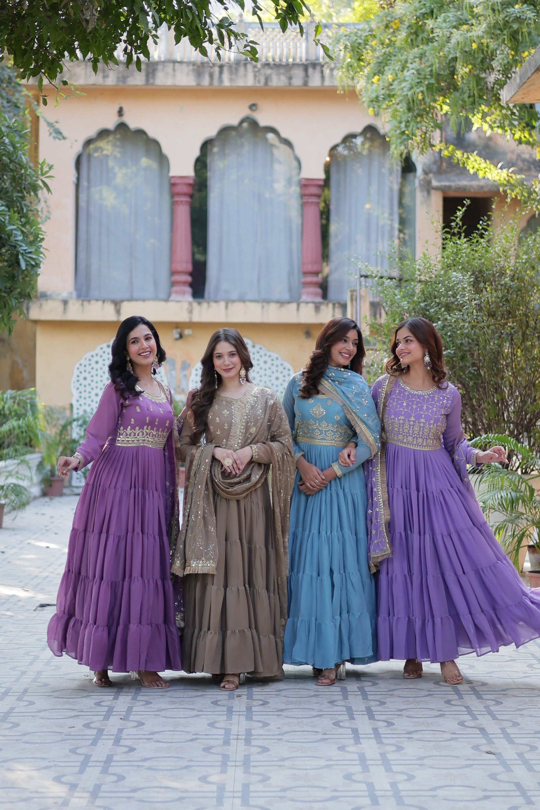 Jyoti Fashion Women's Jamuni, Beige, Sky Blue & Purple Star Georgette Rich Sequins Embroidered Combo Anarkali Set with Dupatta | Swadesiicart