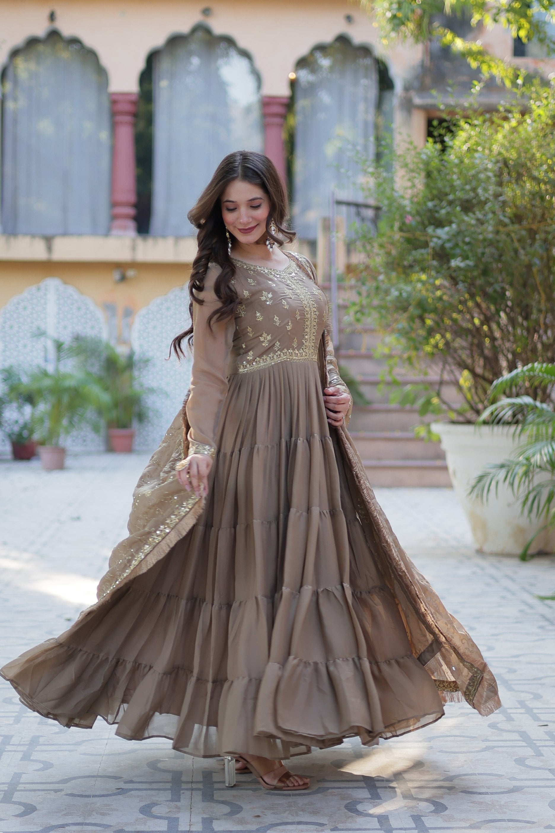 Jyoti Fashion Women's Beige Star Georgette Rich Sequins Embroidered Anarkali Set with Dupatta | Swadesiicart