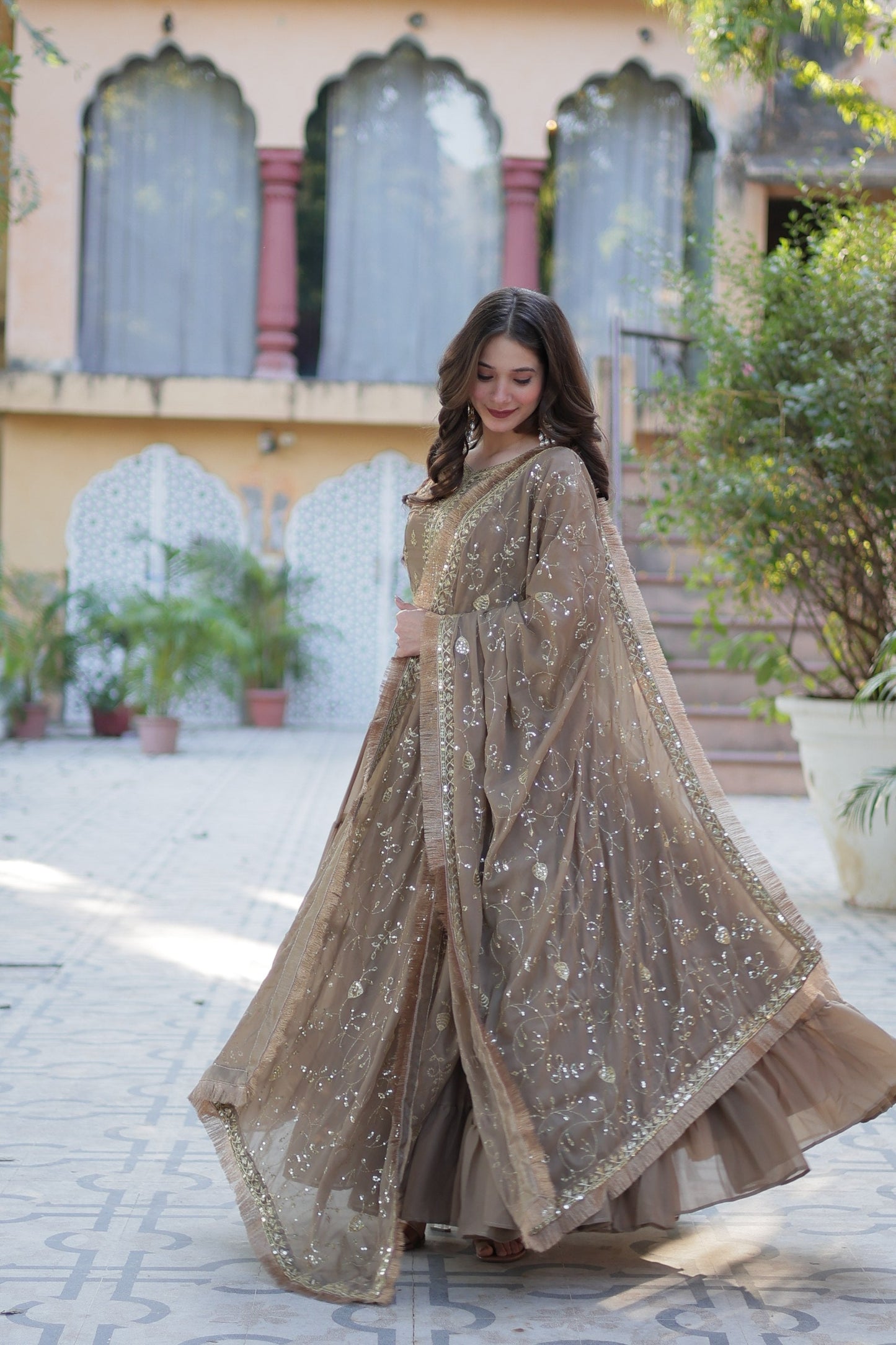 Jyoti Fashion Women's Beige Star Georgette Rich Sequins Embroidered Anarkali Set with Dupatta | Swadesiicart