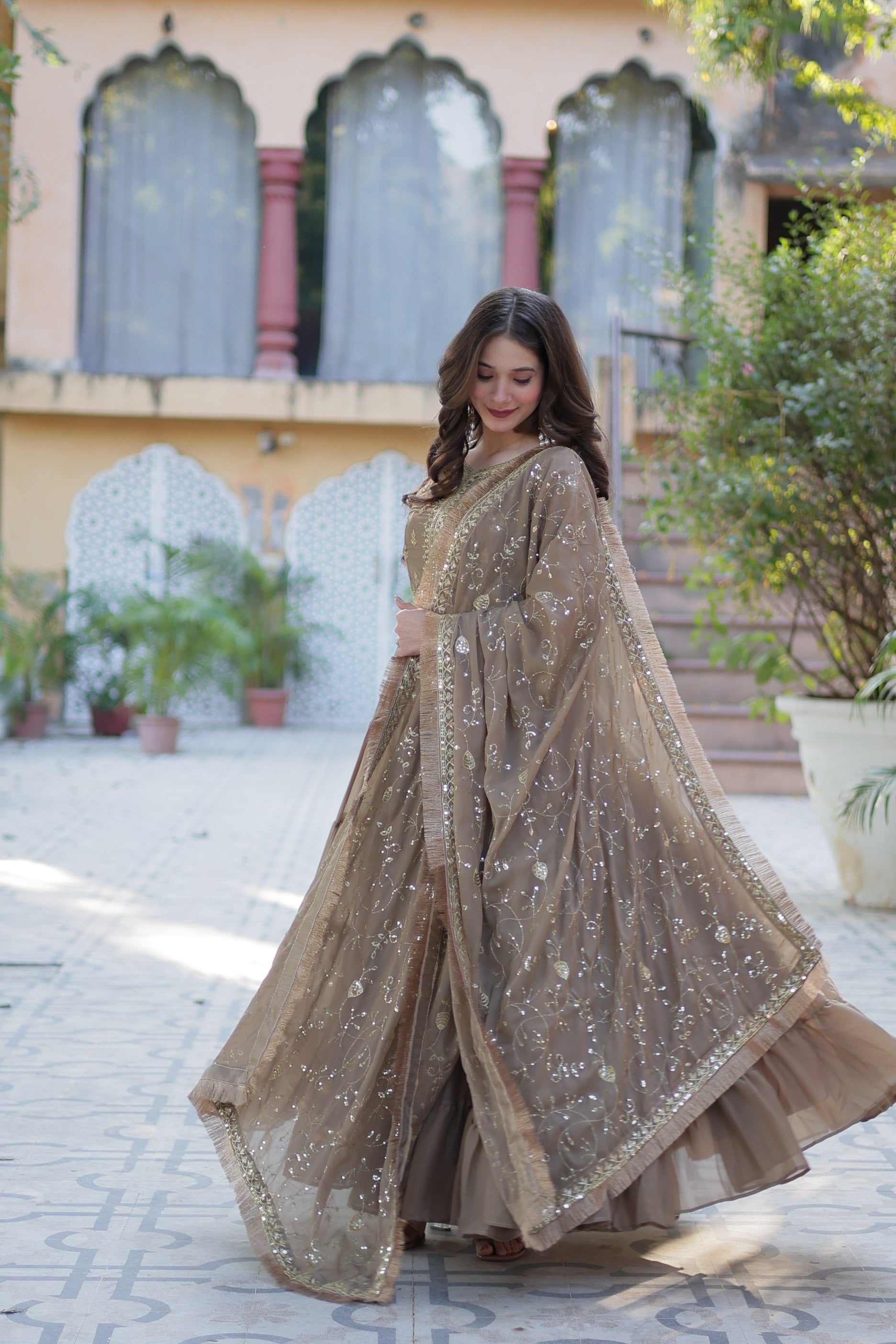 Jyoti Fashion Women's Beige Star Georgette Rich Sequins Embroidered Anarkali Set with Dupatta | Swadesiicart