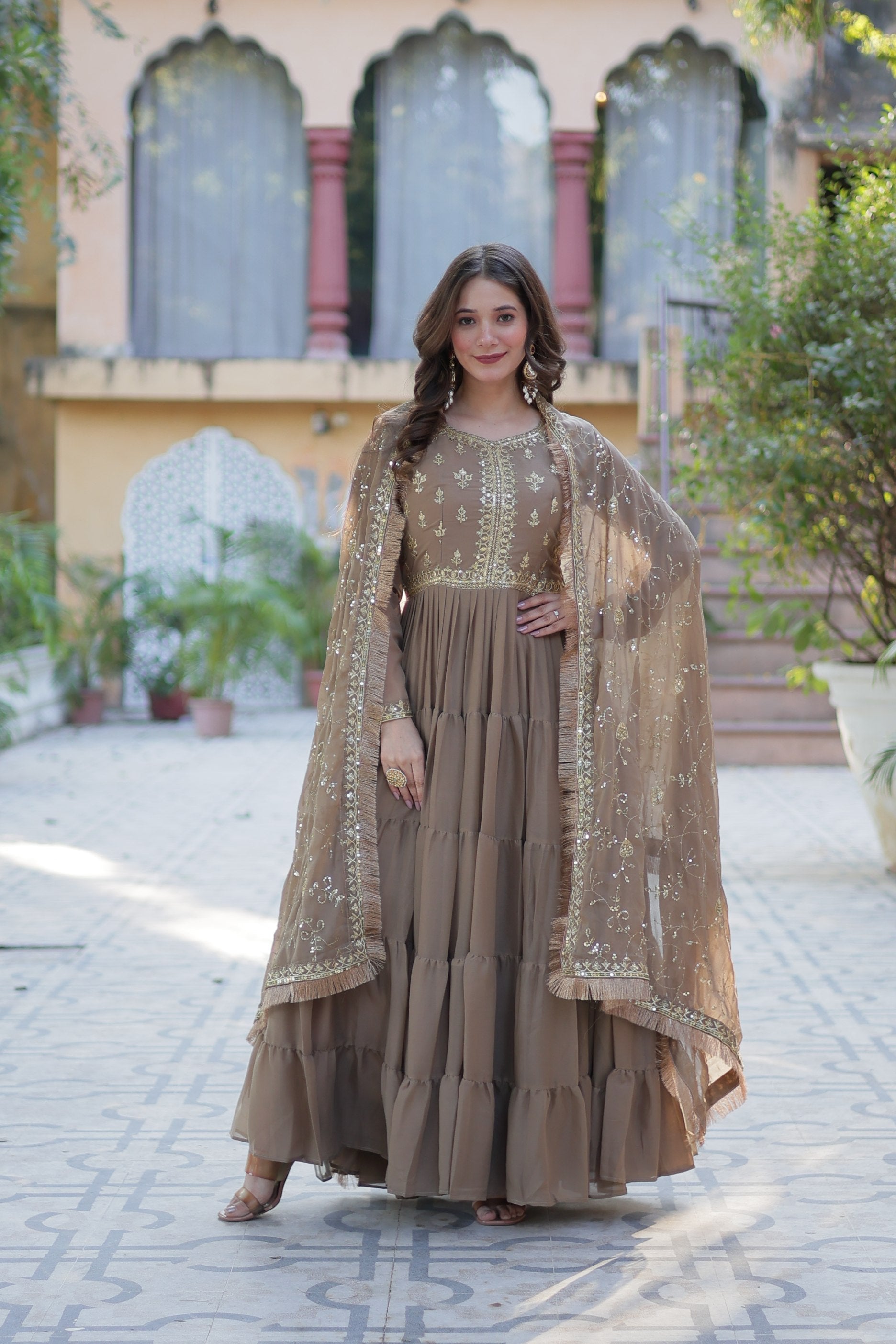 Jyoti Fashion Women's Beige Star Georgette Rich Sequins Embroidered Anarkali Set with Dupatta | Swadesiicart