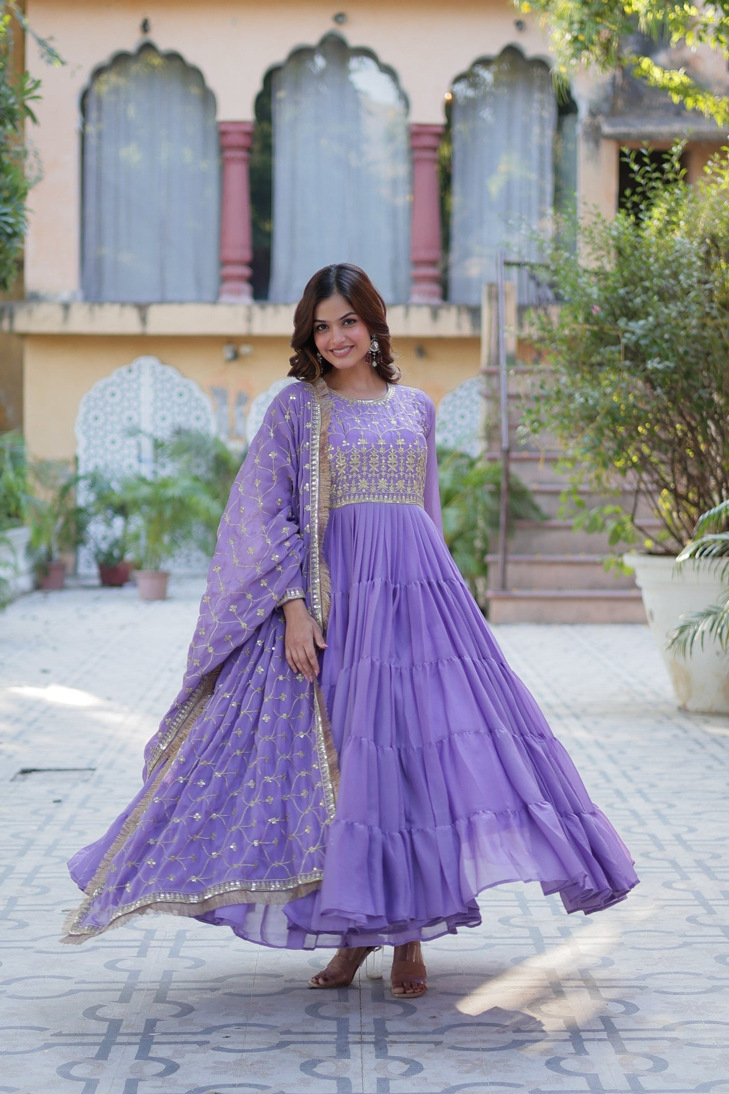 Jyoti Fashion Women's Purple Star Georgette Rich Sequins Embroidered Anarkali Set with Dupatta | Swadesiicart