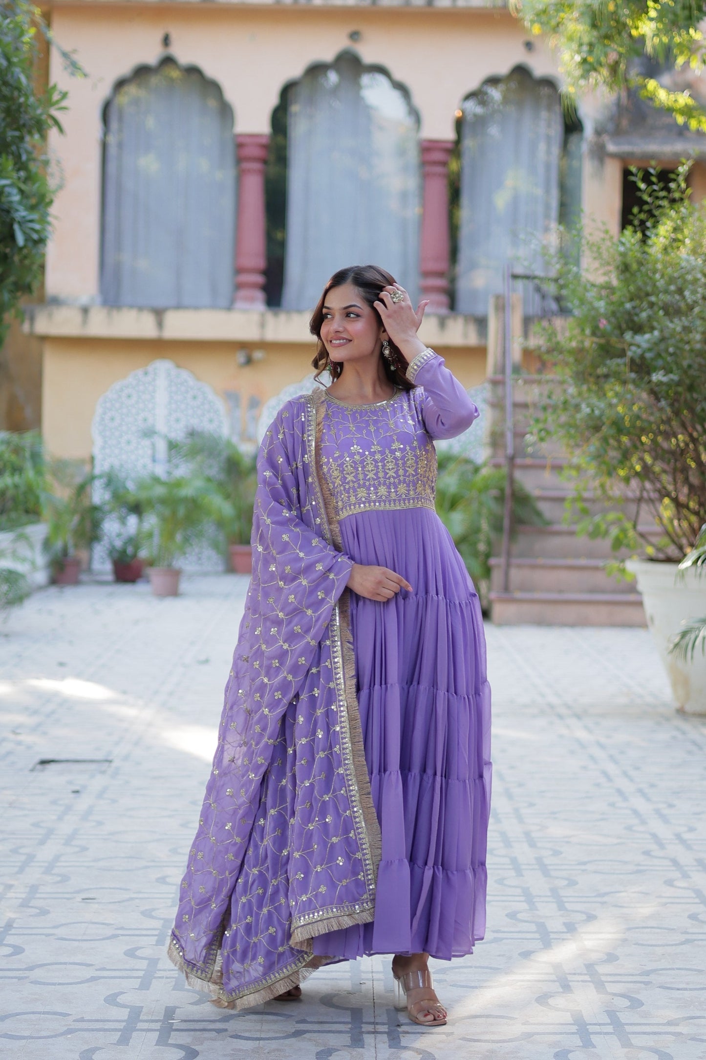 Jyoti Fashion Women's Purple Star Georgette Rich Sequins Embroidered Anarkali Set with Dupatta | Swadesiicart
