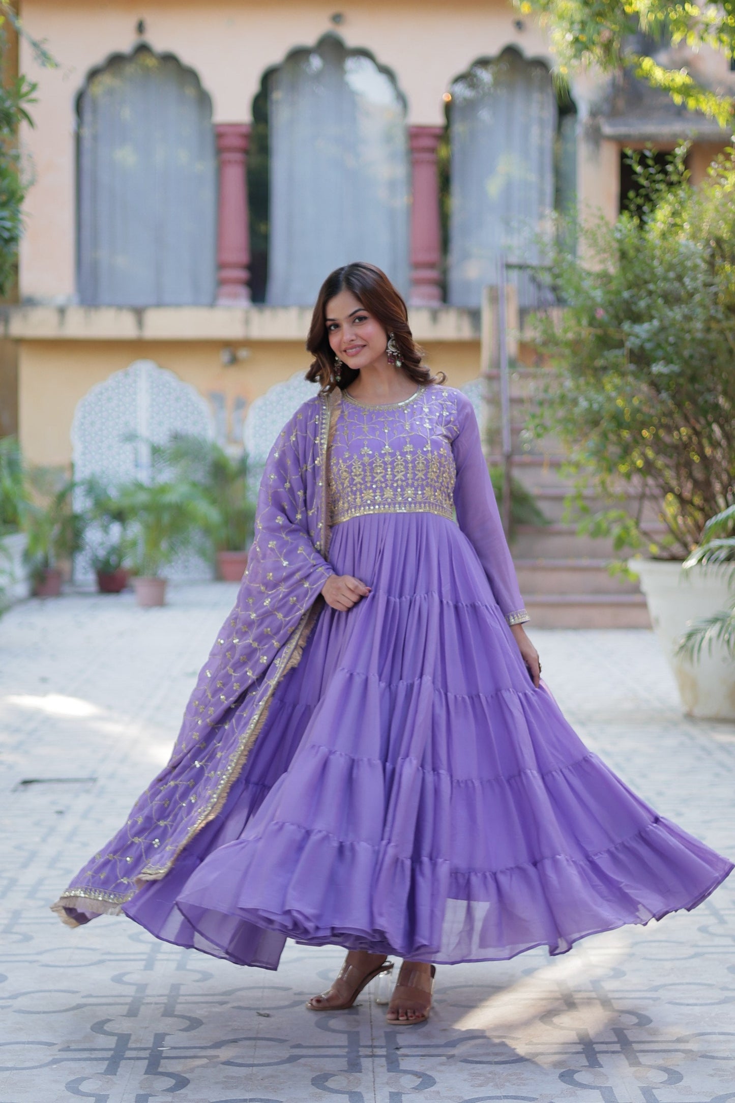 Jyoti Fashion Women's Purple Star Georgette Rich Sequins Embroidered Anarkali Set with Dupatta | Swadesiicart