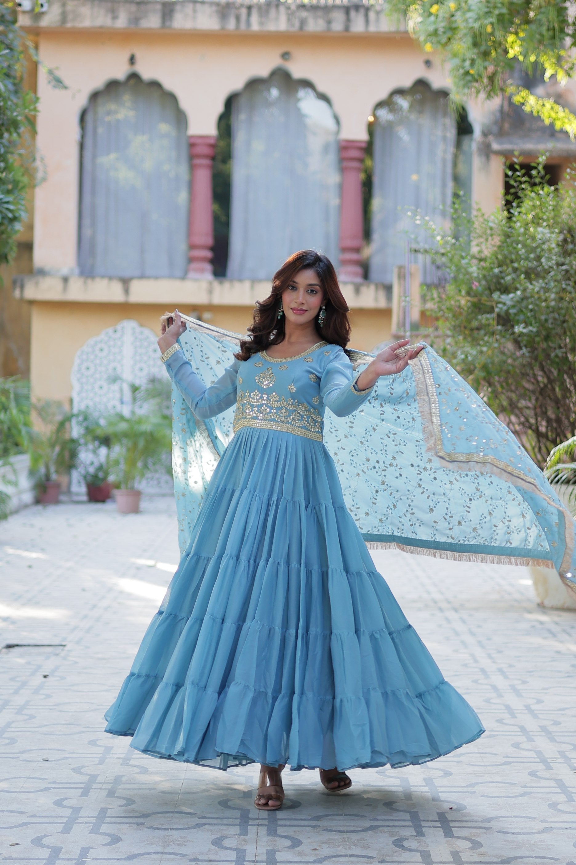 Jyoti Fashion Women's Sky Blue Star Georgette Rich Sequins Embroidered Anarkali Set with Dupatta | Swadesiicart