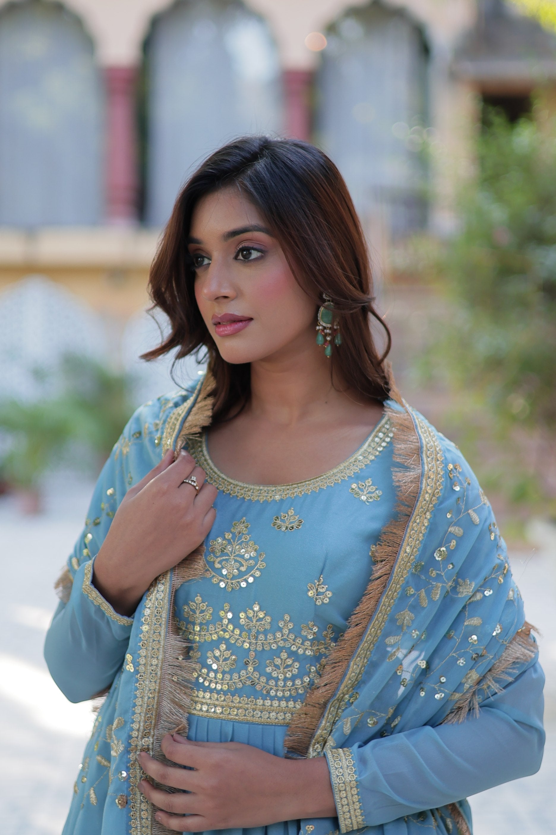 Jyoti Fashion Women's Sky Blue Star Georgette Rich Sequins Embroidered Anarkali Set with Dupatta | Swadesiicart