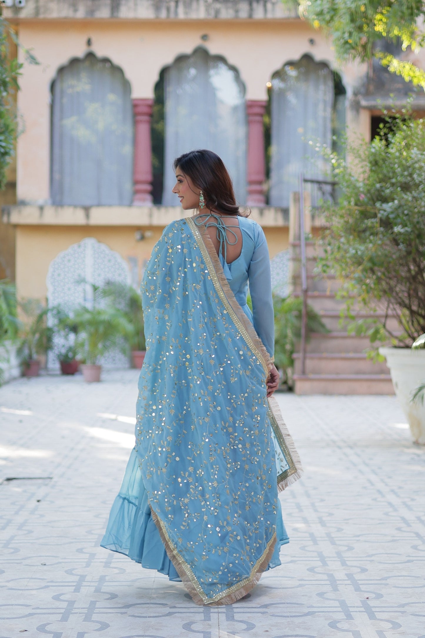 Jyoti Fashion Women's Sky Blue Star Georgette Rich Sequins Embroidered Anarkali Set with Dupatta | Swadesiicart