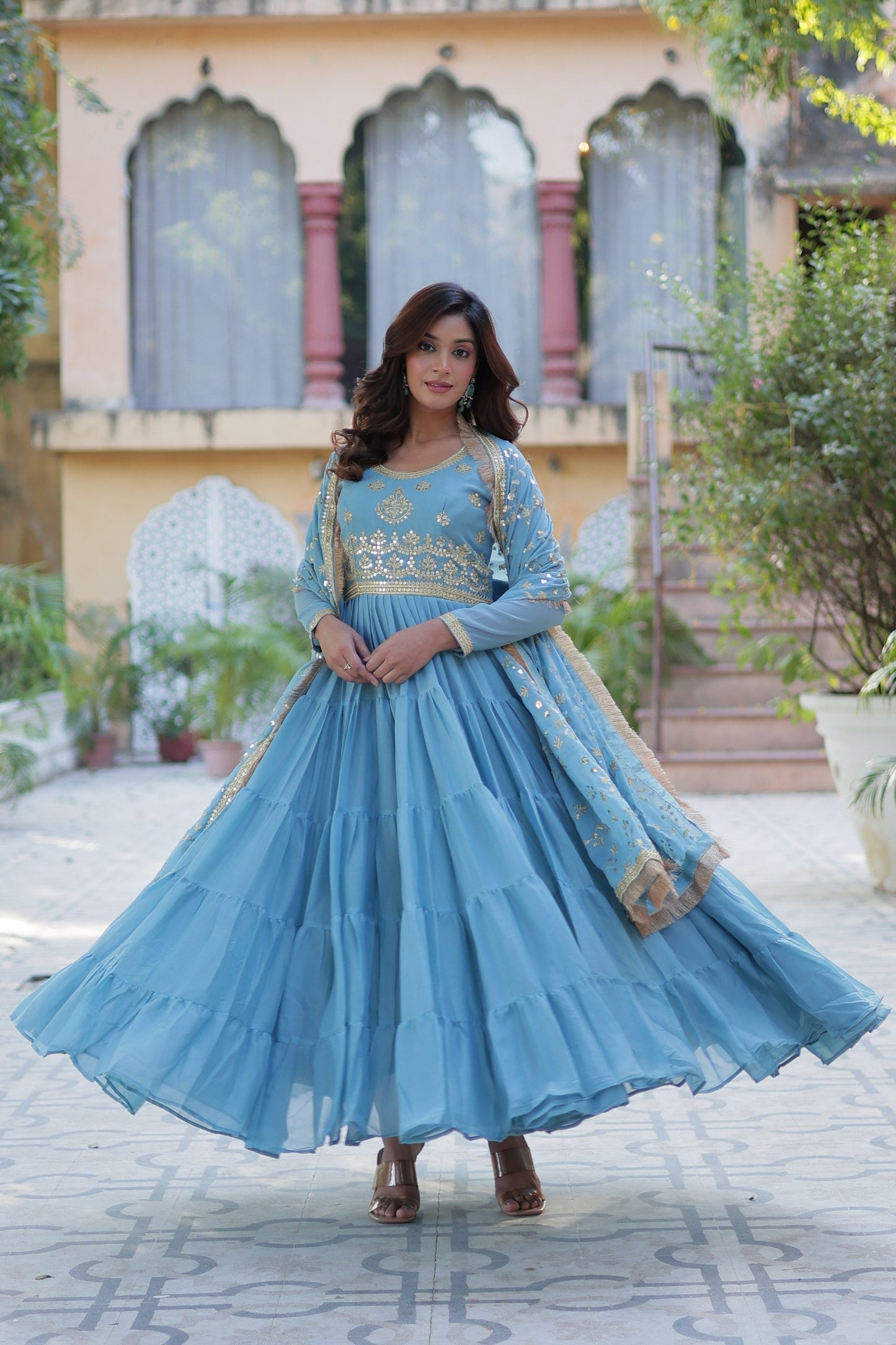 Jyoti Fashion Women's Sky Blue Star Georgette Rich Sequins Embroidered Anarkali Set with Dupatta | Swadesiicart