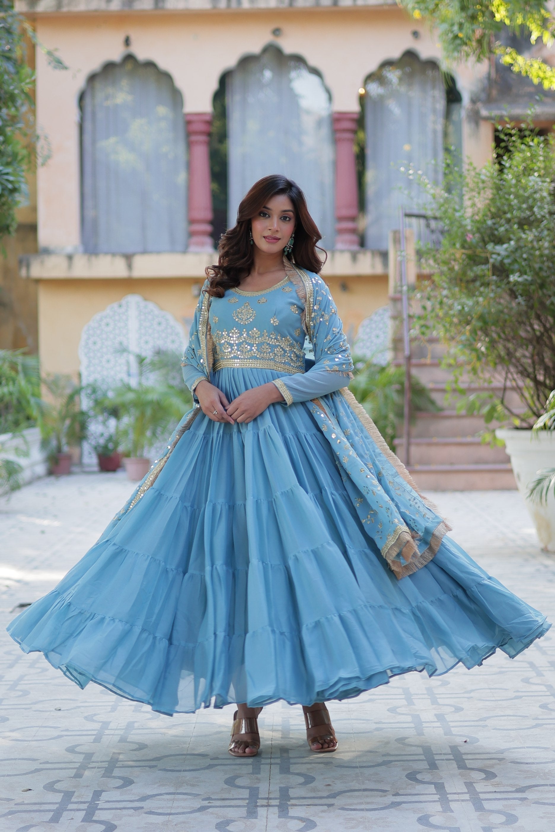 Jyoti Fashion Women's Sky Blue Star Georgette Rich Sequins Embroidered Anarkali Set with Dupatta | Swadesiicart