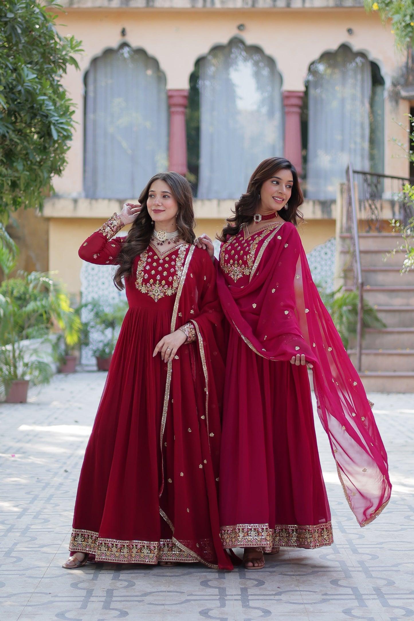 Jyoti Fashion Women's Maroon & Pink Faux Georgette Rich Sequins Embroidered Combo Anarkali Set with Dupatta | Swadesiicart
