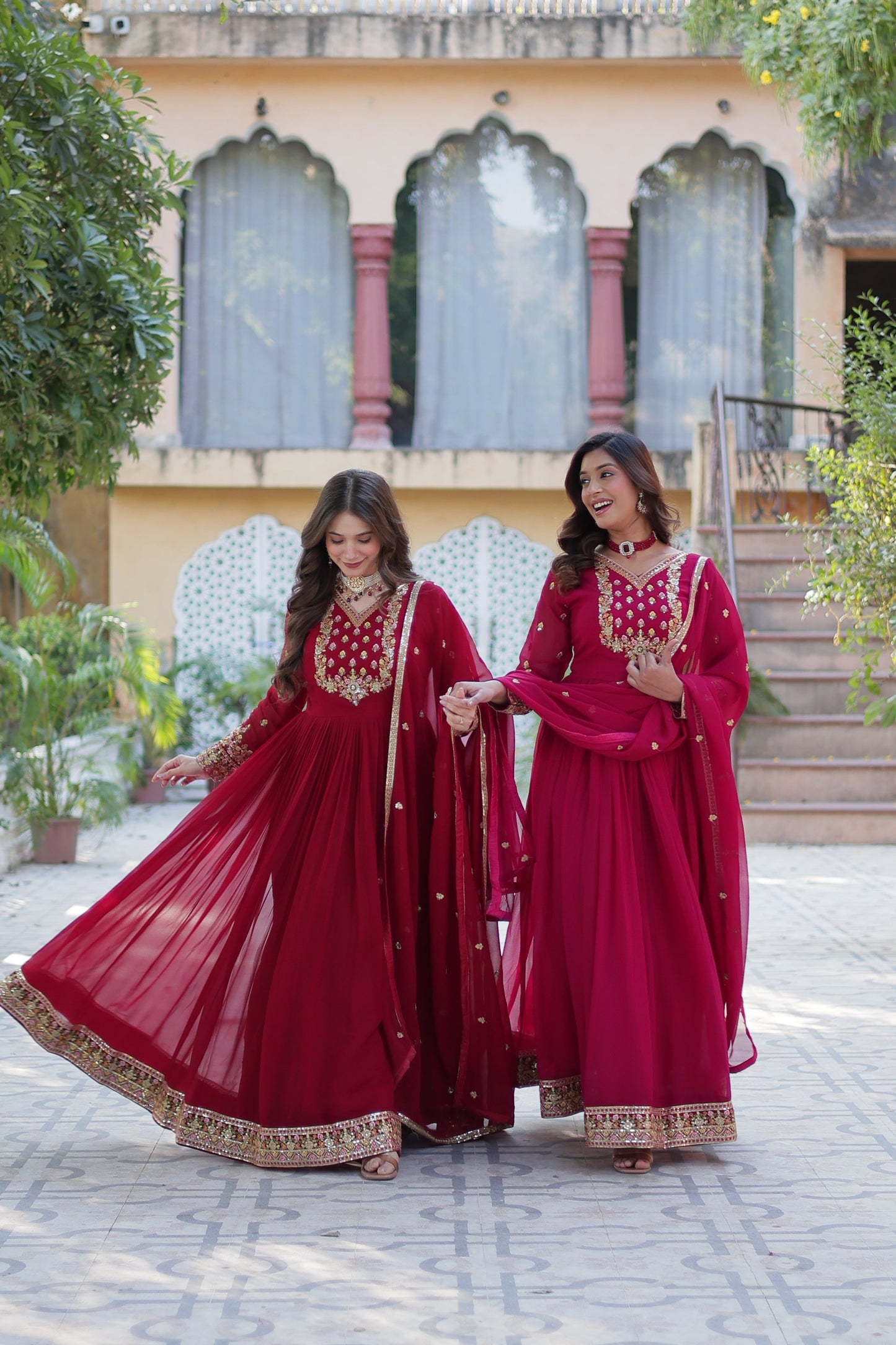 Jyoti Fashion Women's Maroon & Pink Faux Georgette Rich Sequins Embroidered Combo Anarkali Set with Dupatta | Swadesiicart
