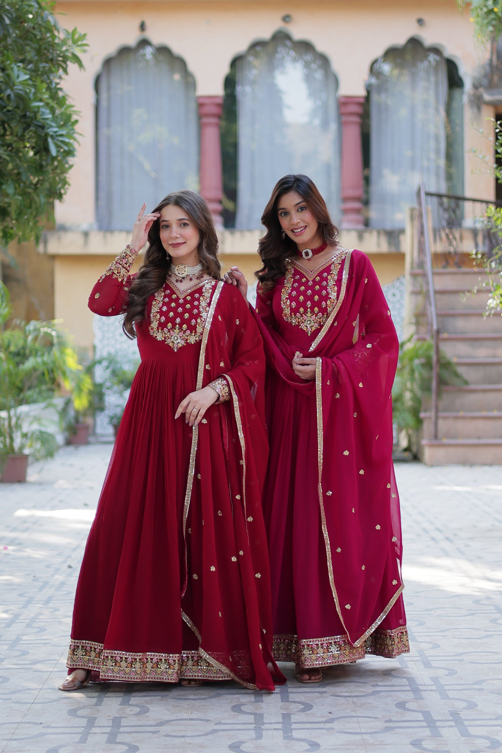 Jyoti Fashion Women's Maroon & Pink Faux Georgette Rich Sequins Embroidered Combo Anarkali Set with Dupatta | Swadesiicart