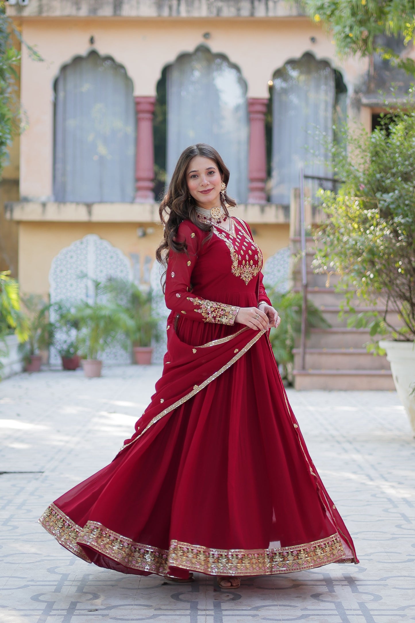 Jyoti Fashion Women's Maroon Faux Georgette Rich Sequins Embroidered Anarkali Set with Dupatta | Swadesiicart