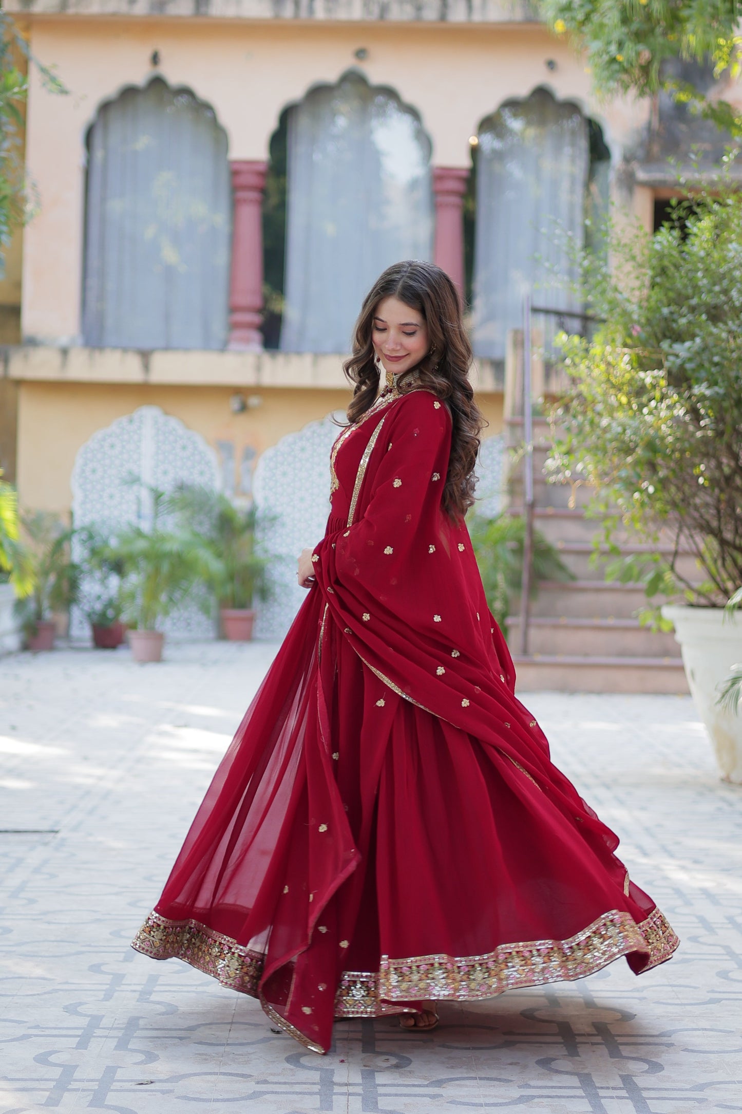 Jyoti Fashion Women's Maroon Faux Georgette Rich Sequins Embroidered Anarkali Set with Dupatta | Swadesiicart