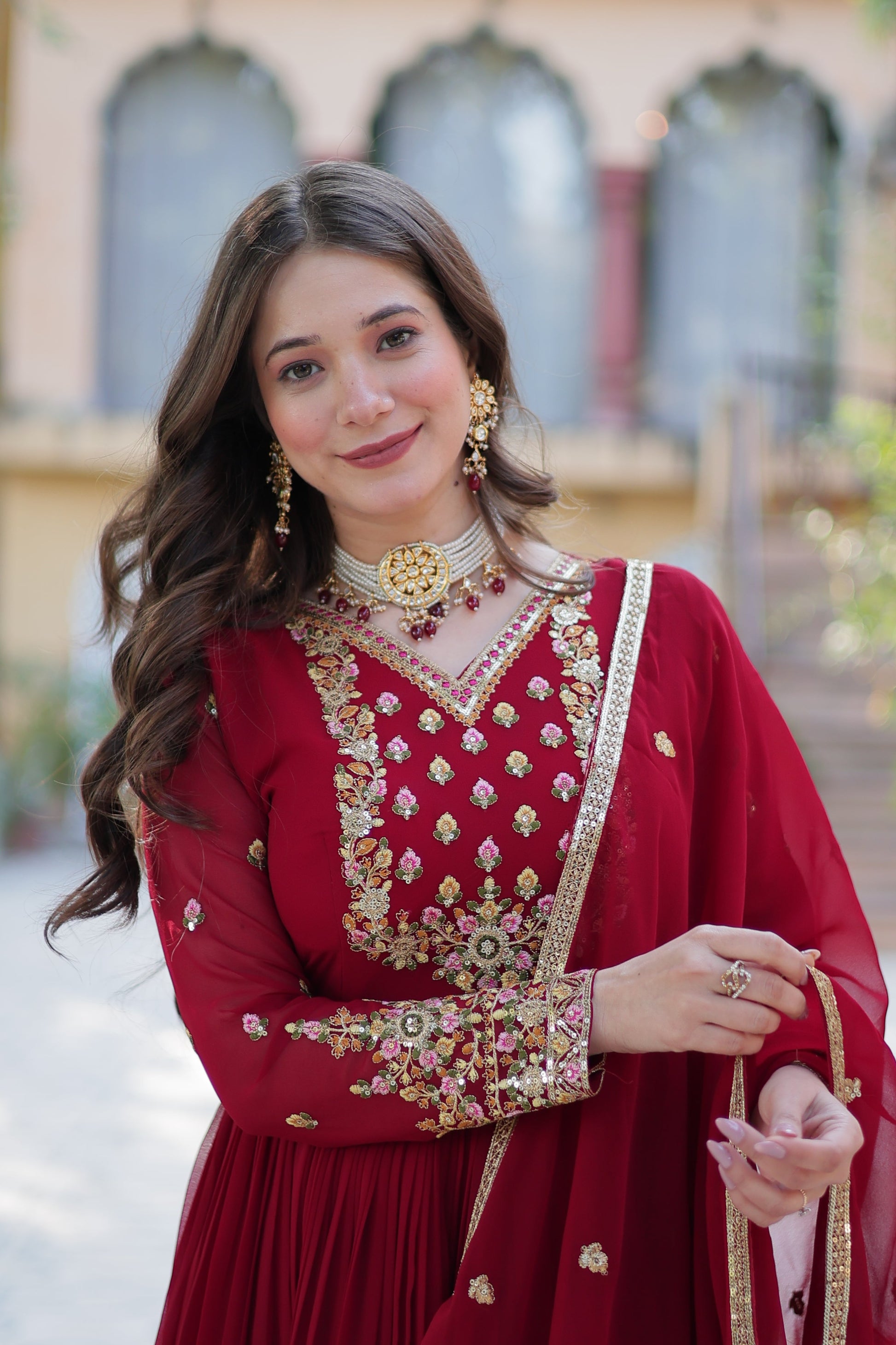 Jyoti Fashion Women's Maroon Faux Georgette Rich Sequins Embroidered Anarkali Set with Dupatta | Swadesiicart