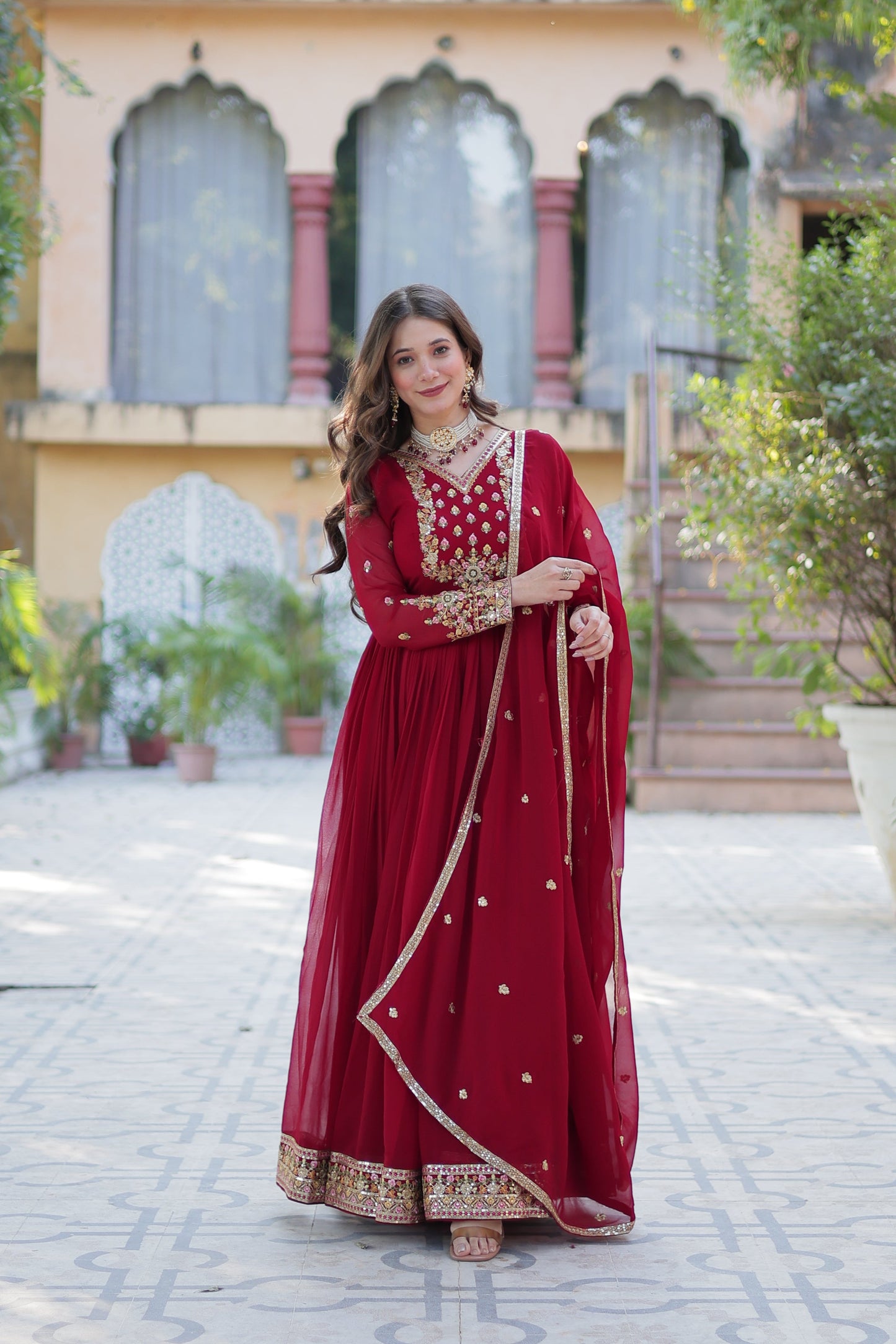 Jyoti Fashion Women's Maroon Faux Georgette Rich Sequins Embroidered Anarkali Set with Dupatta | Swadesiicart
