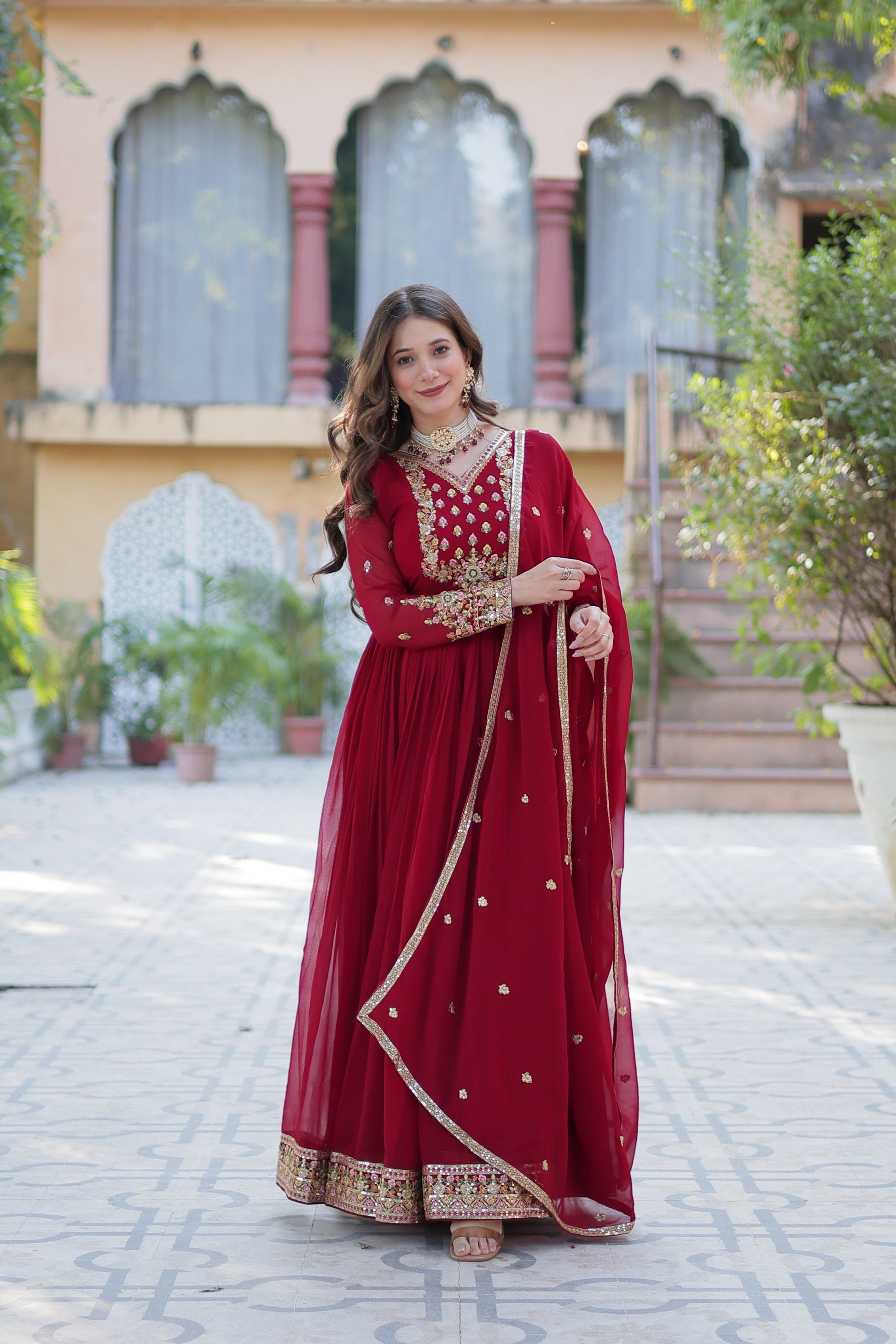 Jyoti Fashion Women's Maroon Faux Georgette Rich Sequins Embroidered Anarkali Set with Dupatta | Swadesiicart