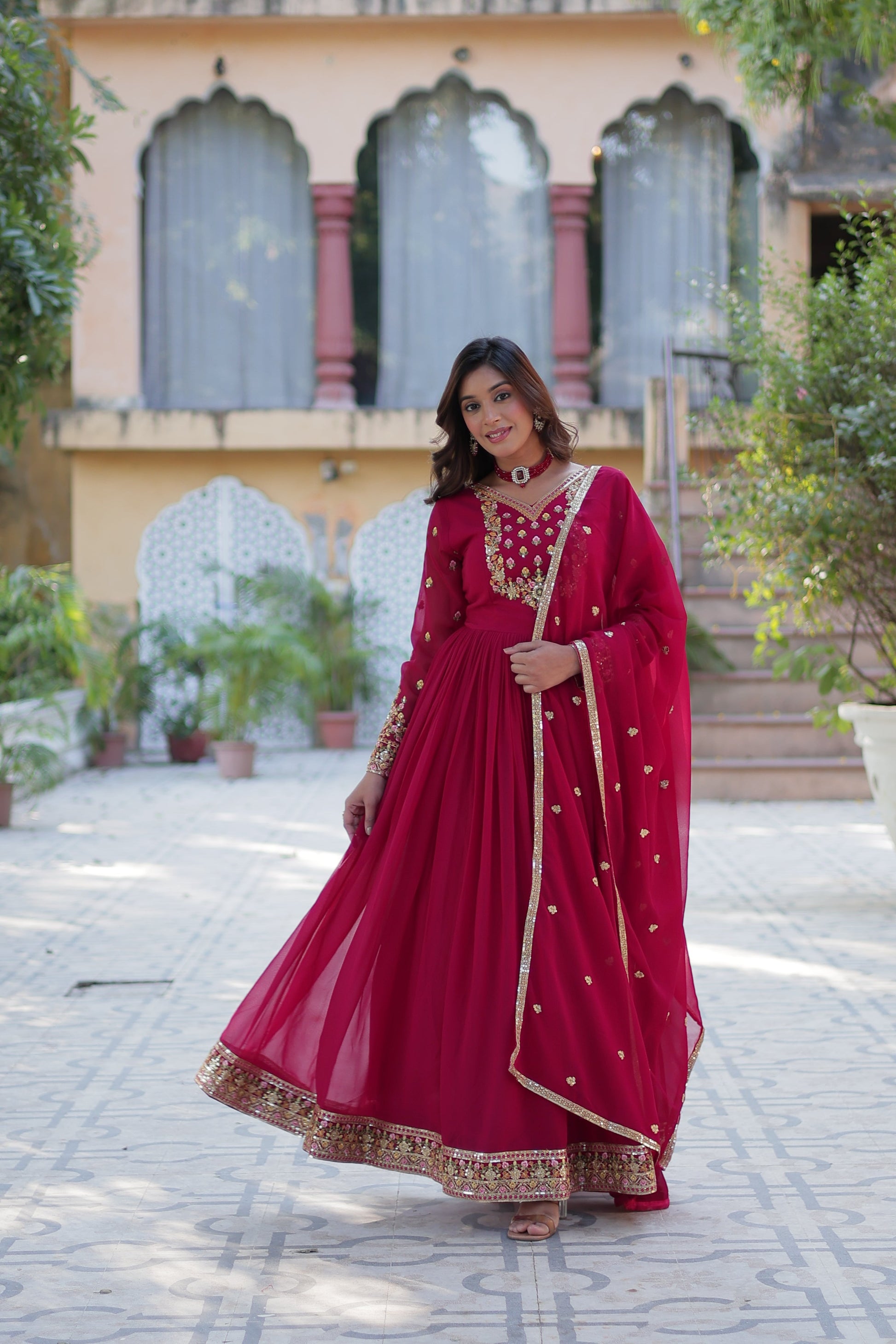 Jyoti Fashion Women's Pink Faux Georgette Rich Sequins Embroidered Anarkali Set with Dupatta | Swadesiicart