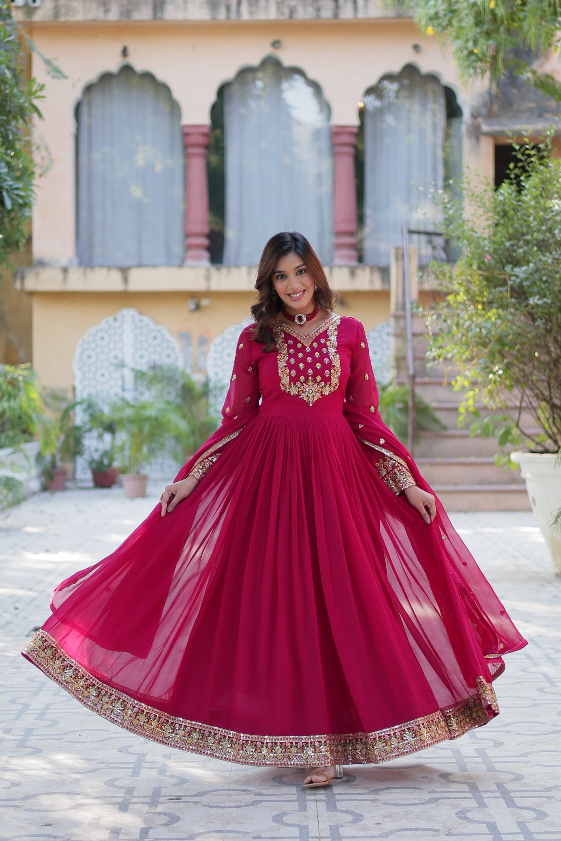 Jyoti Fashion Women's Pink Faux Georgette Rich Sequins Embroidered Anarkali Set with Dupatta | Swadesiicart