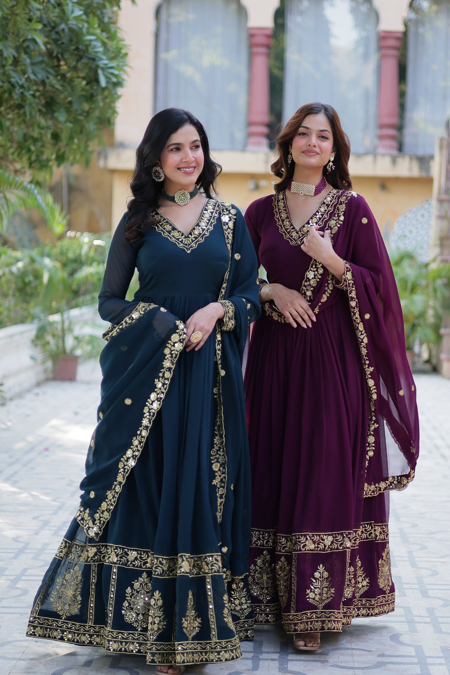 Jyoti Fashion Women's Rama & Wine Faux Georgette Zari Thread & Sequins Embroidered Combo Anarkali Set with Dupatta | Swadesiicart