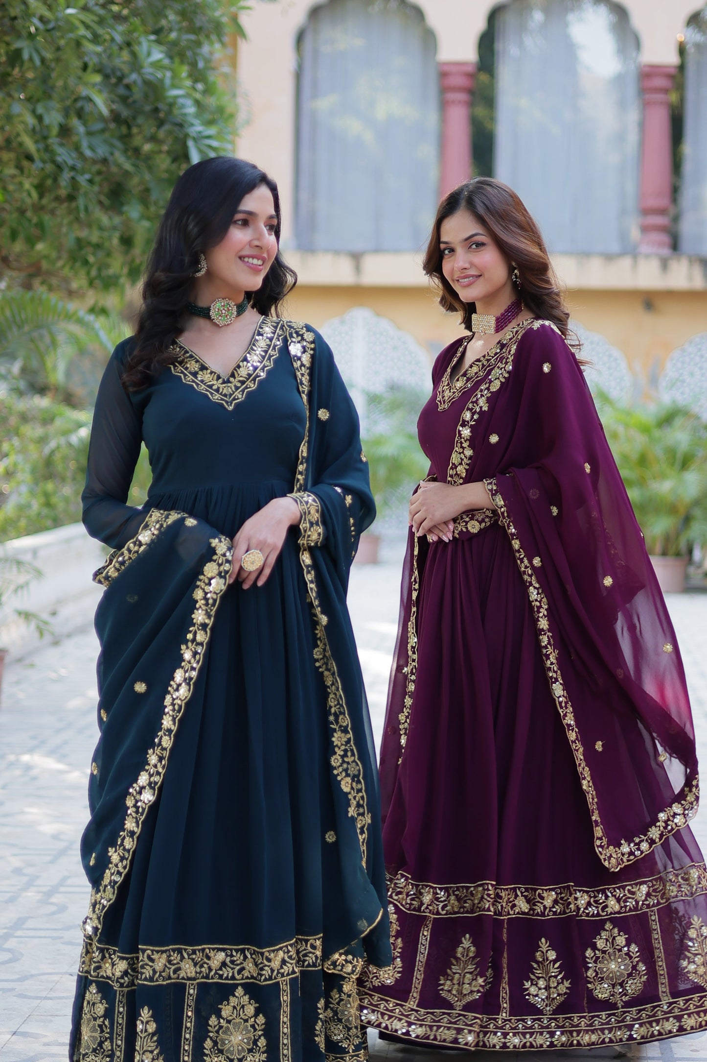 Jyoti Fashion Women's Rama & Wine Faux Georgette Zari Thread & Sequins Embroidered Combo Anarkali Set with Dupatta | Swadesiicart