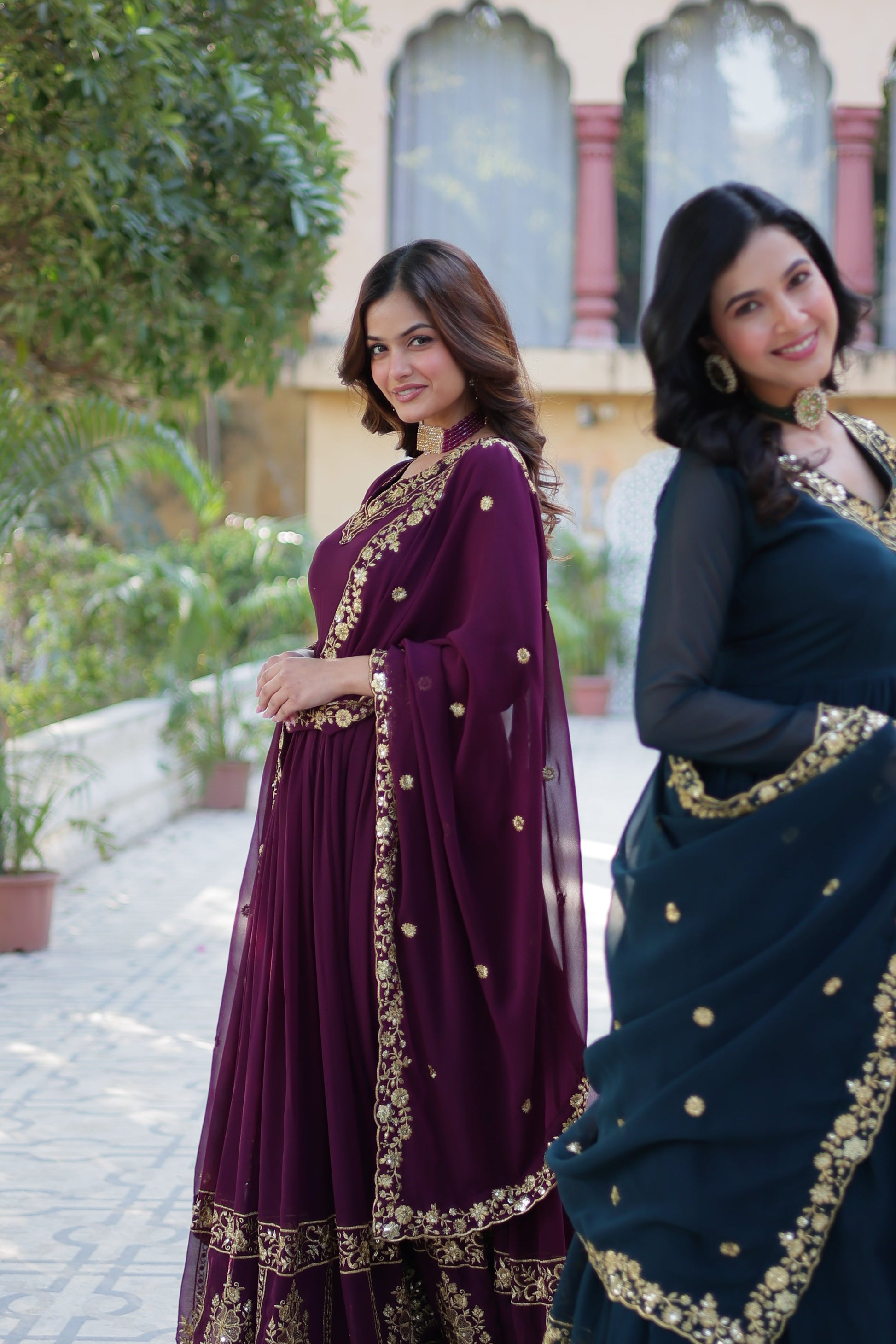 Jyoti Fashion Women's Rama & Wine Faux Georgette Zari Thread & Sequins Embroidered Combo Anarkali Set with Dupatta | Swadesiicart