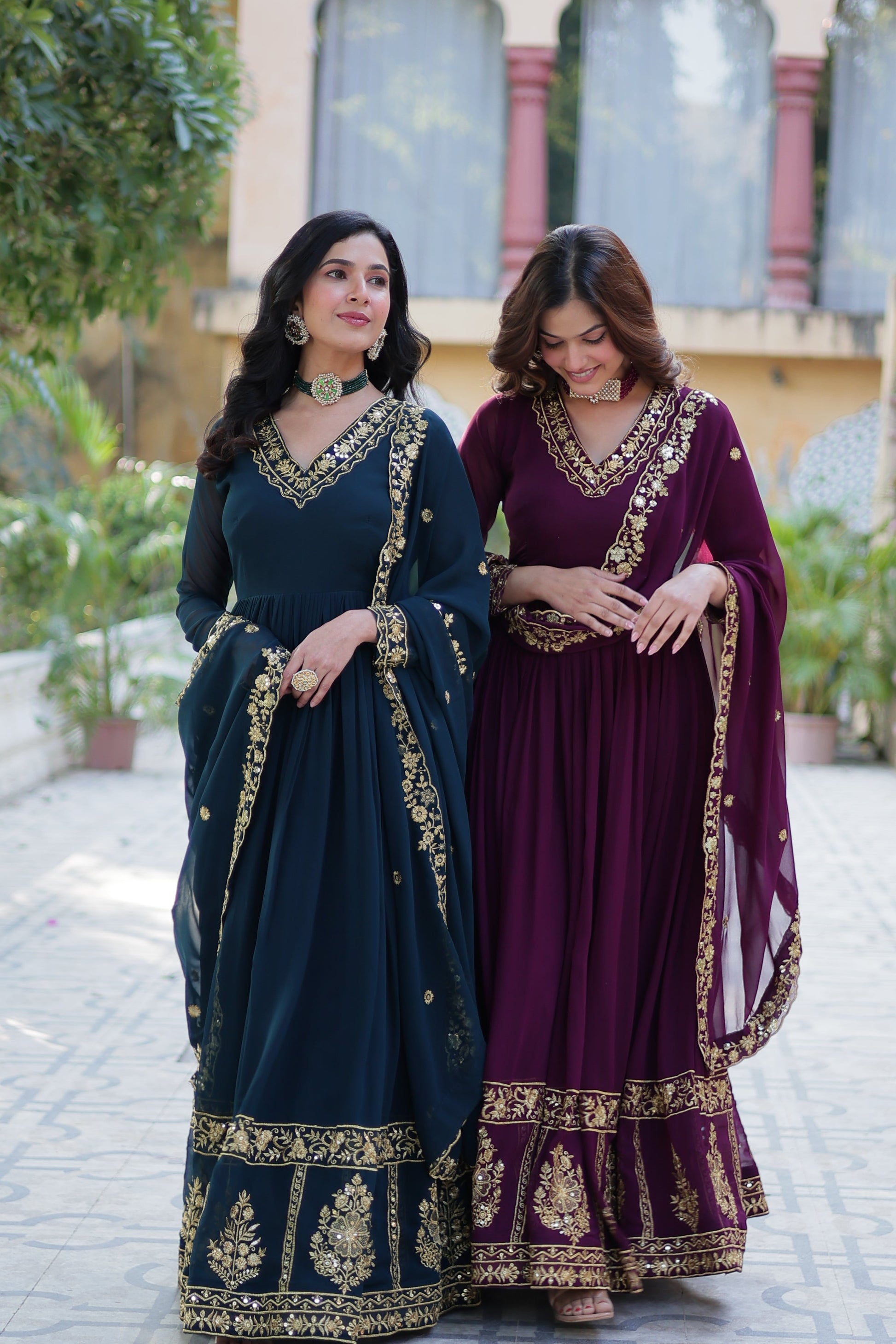 Jyoti Fashion Women's Rama & Wine Faux Georgette Zari Thread & Sequins Embroidered Combo Anarkali Set with Dupatta | Swadesiicart